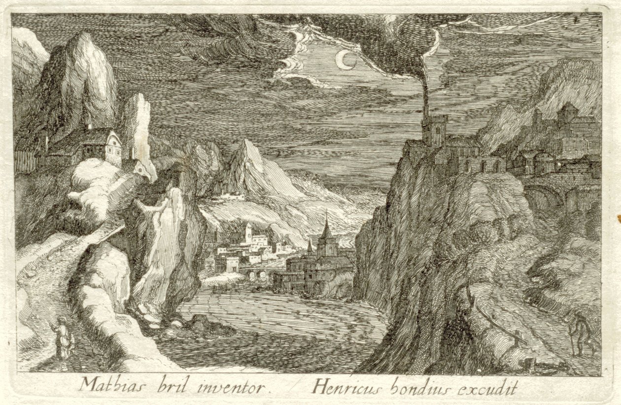 Flodlandskap i månsken Olika landskap (serietitel) Topographia variarum regionum (serietitel) av Simon Frisius (attributed to)