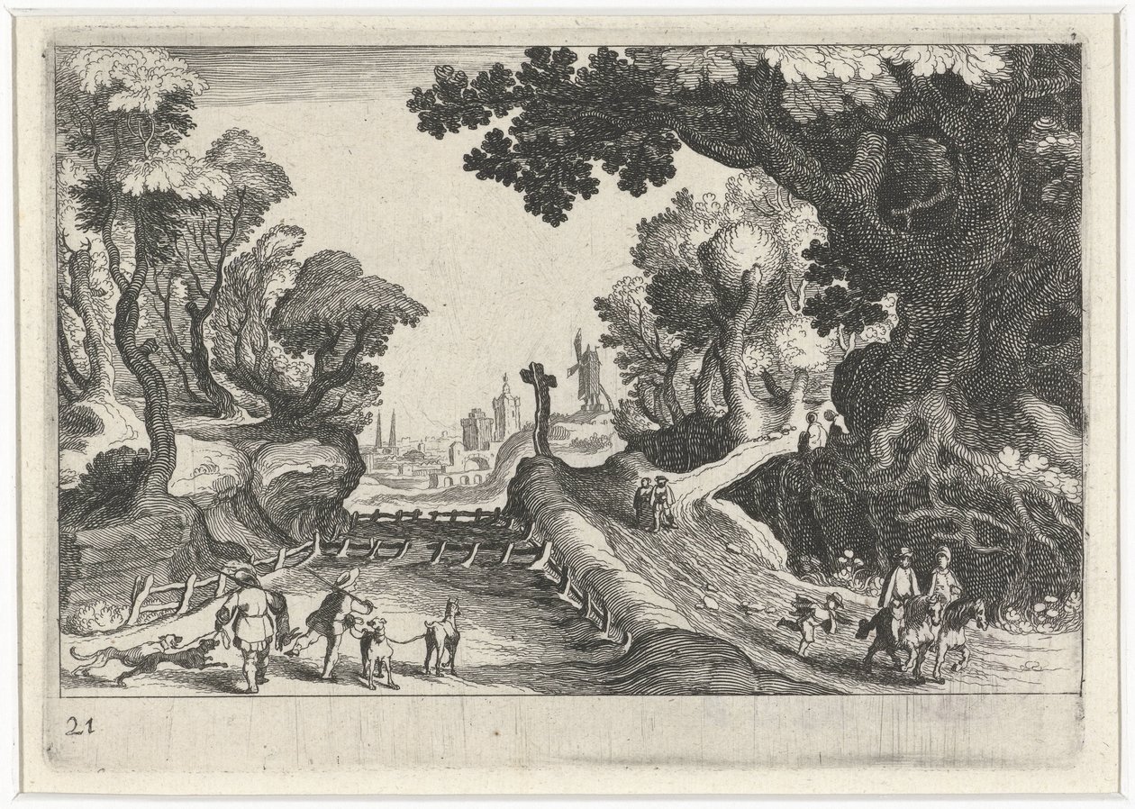 Skogslandskap med ett kors längs en stig Sydeuropeiska landskap (serietitel) Topographia variarum regionum (serietitel) av Simon Frisius