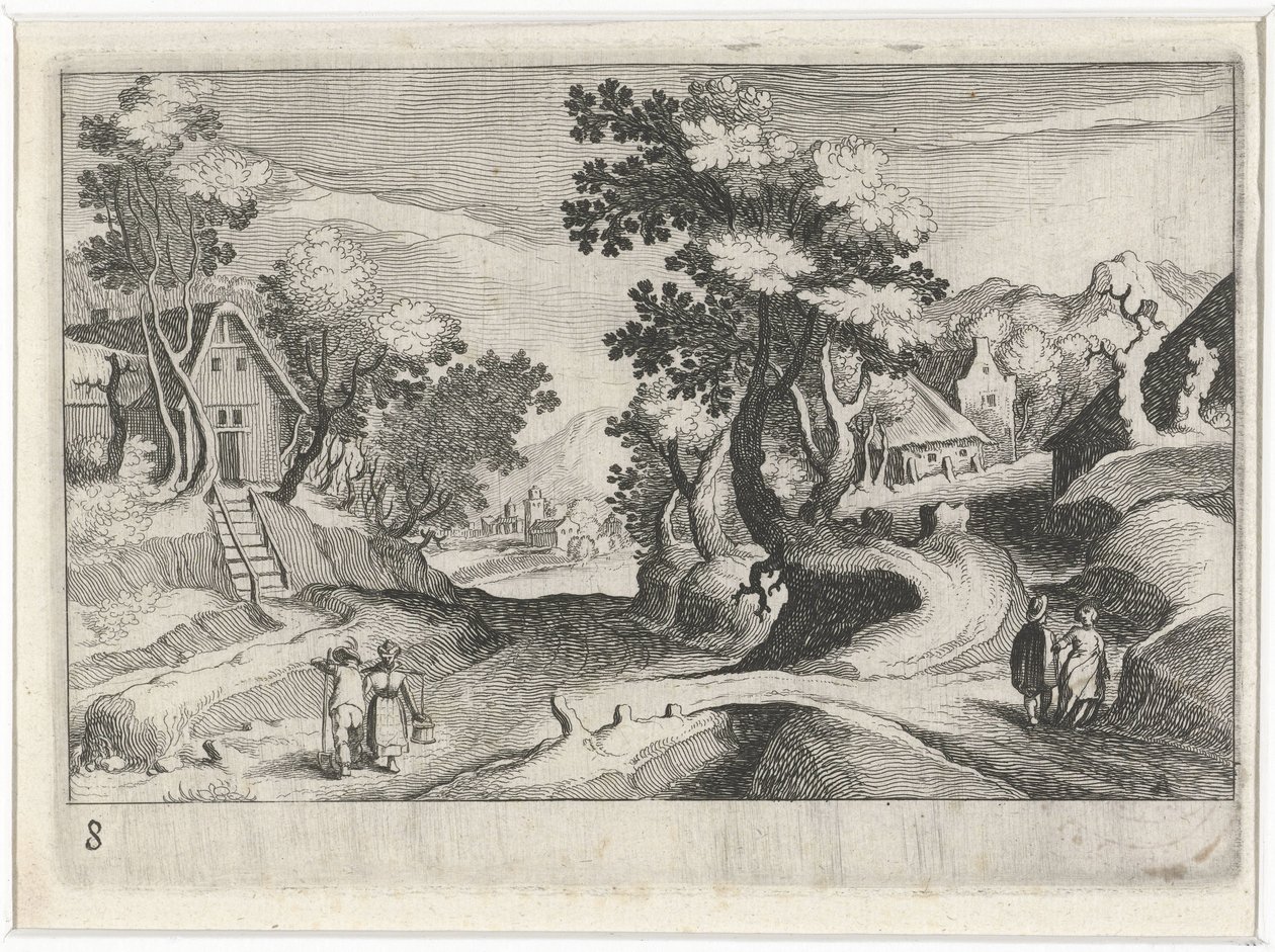 Skogbevuxet kuperat landskap med byggnader och figurer Sydeuropeiska landskap (serietitel) Topographia variarum regionum (serietitel) av Simon Frisius