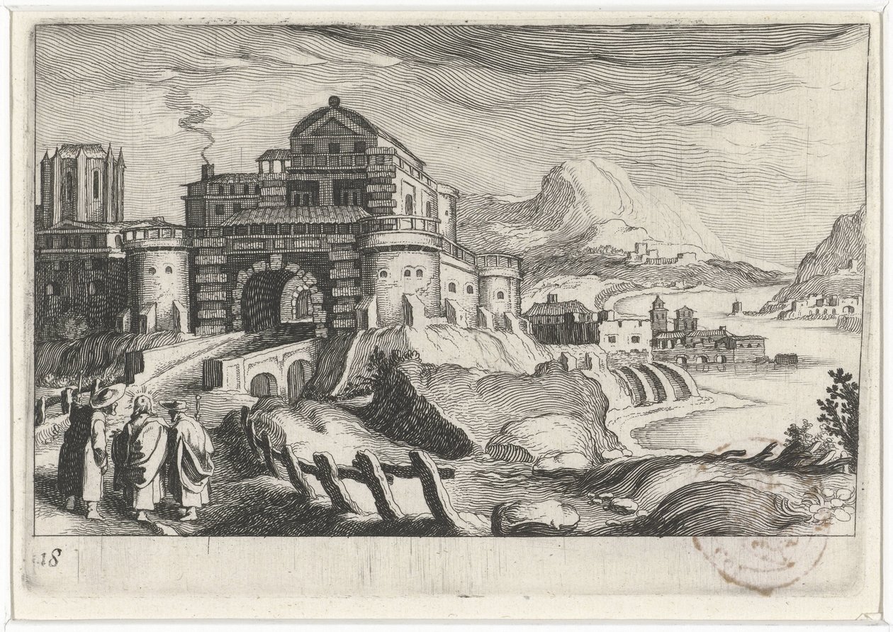 Emmäusgangers framför en stadsport i ett bergslandskap Sydeuropeiska landskap (serietitel) Topographia variarum regionum (serietitel) av Simon Frisius