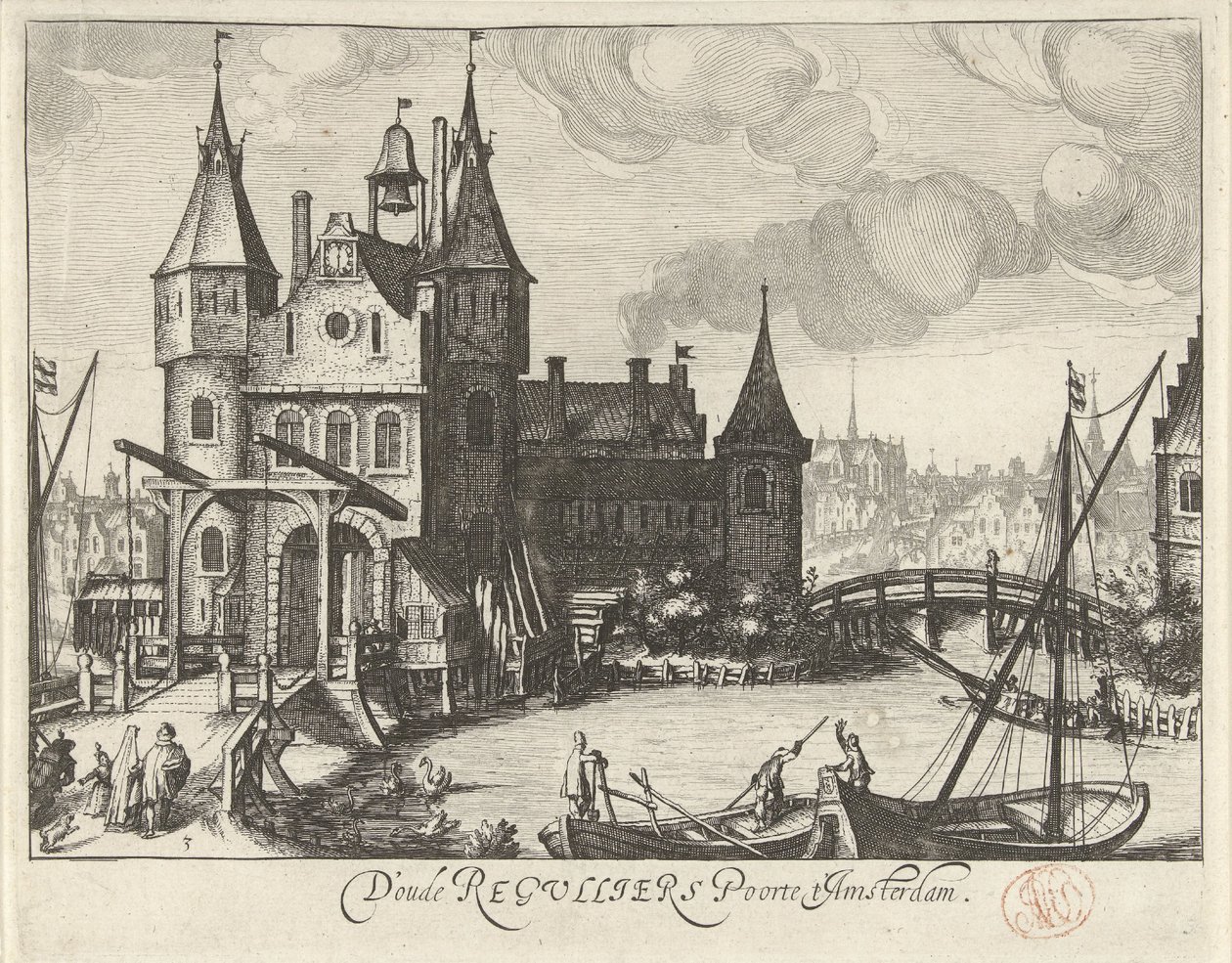 Vy över Eerste Regulierspoort i Amsterdam av Simon Frisius