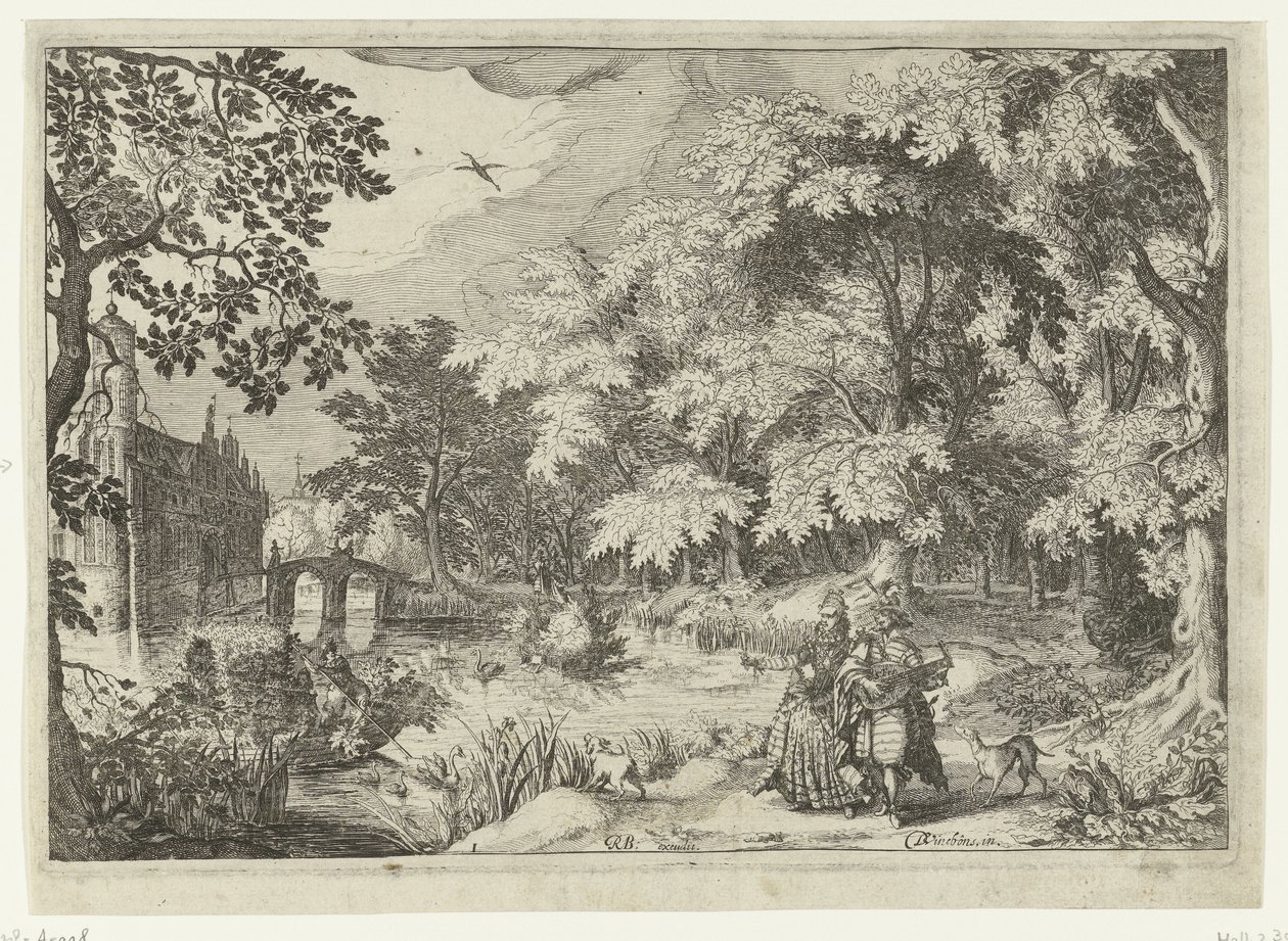 Utsikt över en skog med slottet Loenersloot Landskap med figurer (serietitel) av Simon Frisius