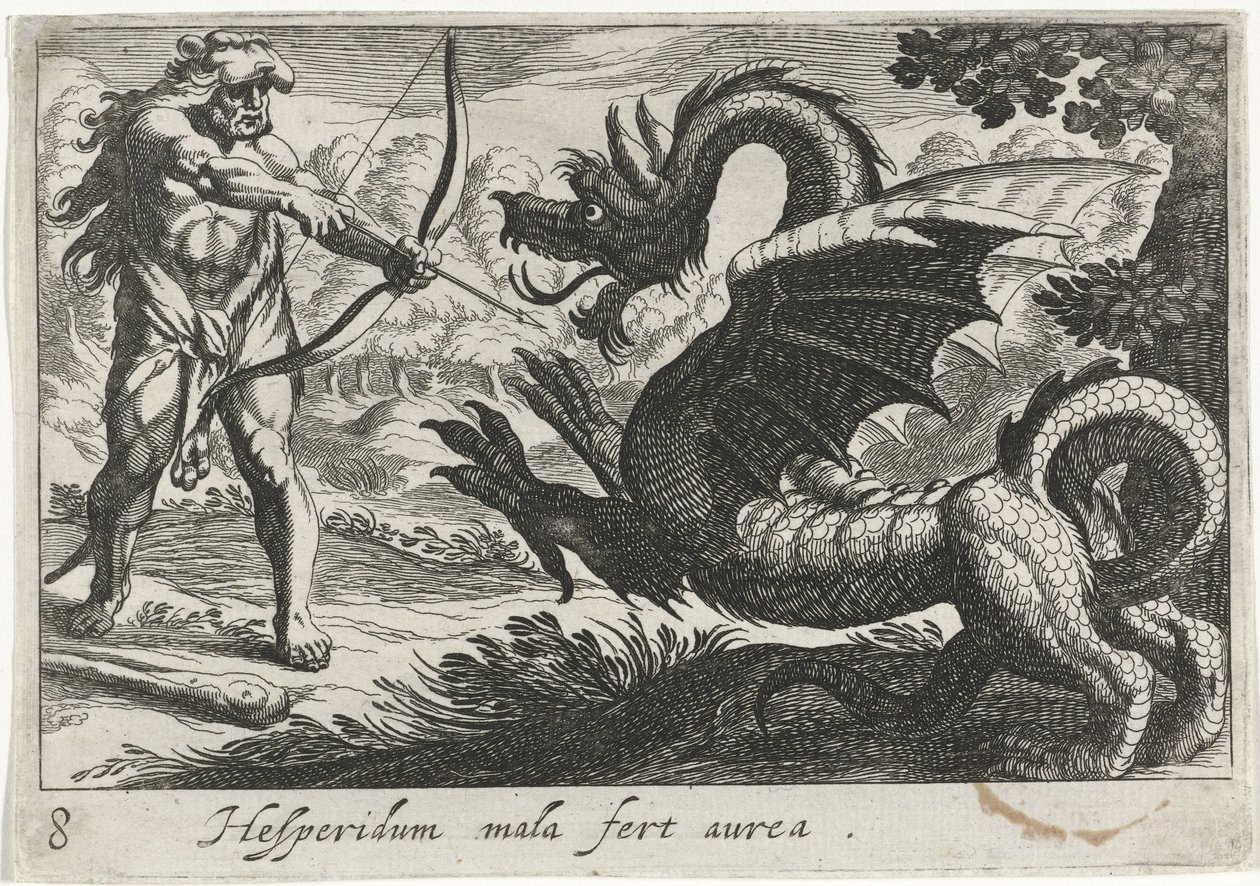 Herkules dödar draken Ladon Hesperidum mala fert aurea (titel på objekt) Herculean Themes (serietitel) av Simon Frisius