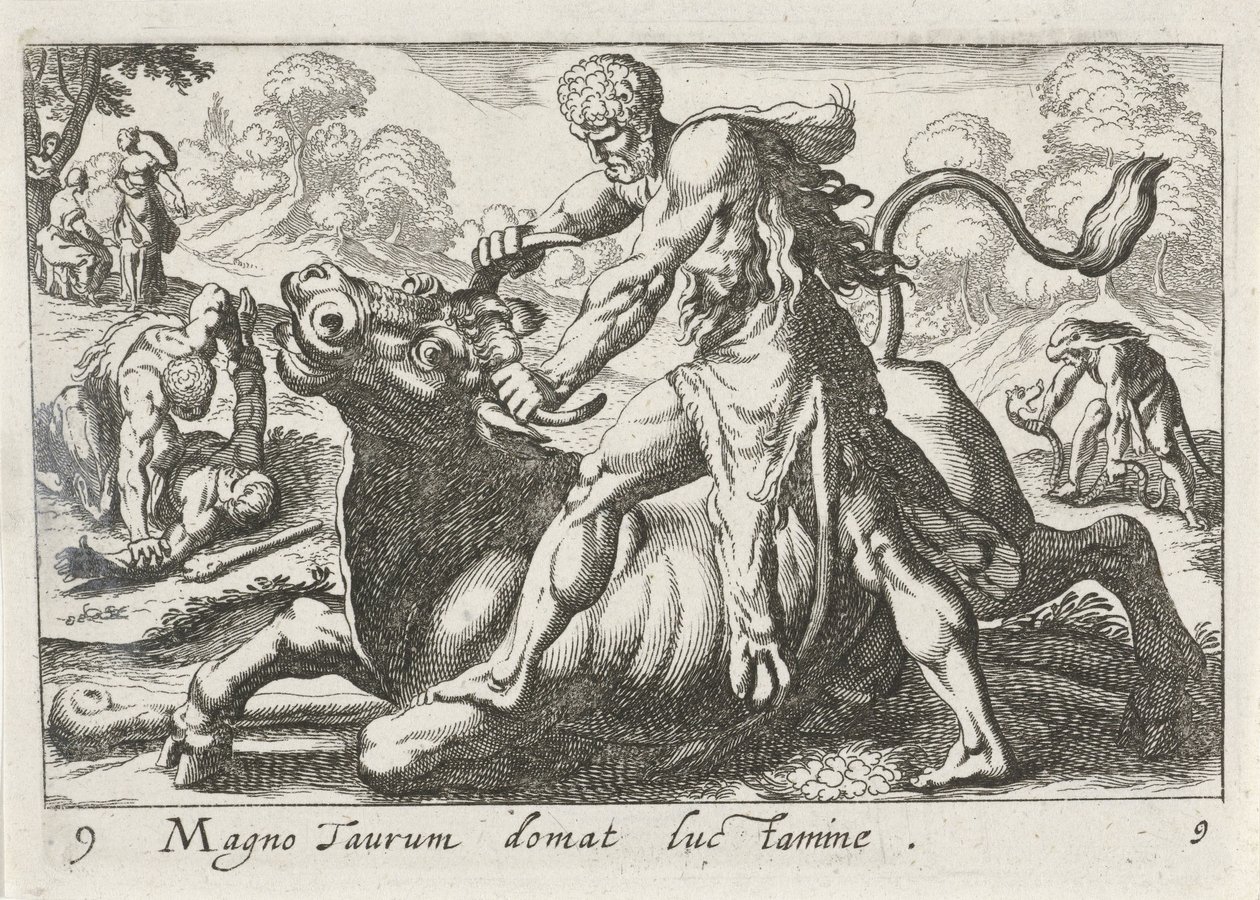 Hercules i strid med Achelous Den stora tjuren tämjes av ljus (titel på objekt) Herculische teman (serietitel) av Simon Frisius