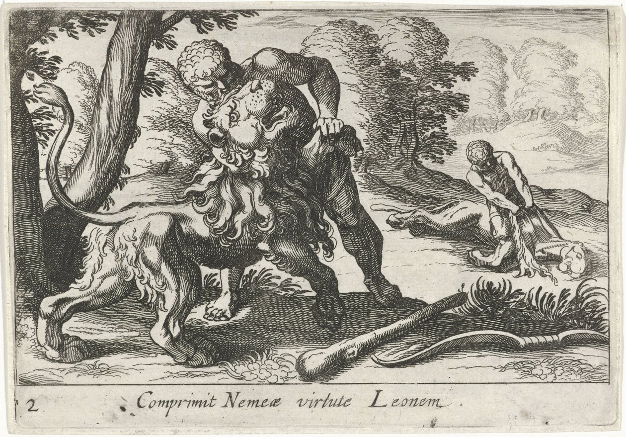 Hercules slåss mot det Nemeiska lejonet Comprimit Nemeae virtute Leonem (titel på objekt) Herculean Themes (serietitel) av Simon Frisius