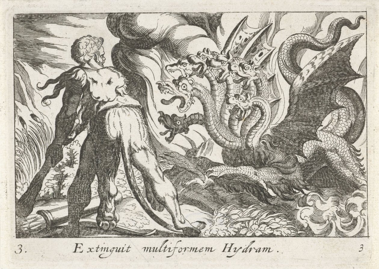Hercules kämpar mot Lernas hydra Extinguit multiform Hydram (titel på objekt) Herculean Themes (serietitel) av Simon Frisius