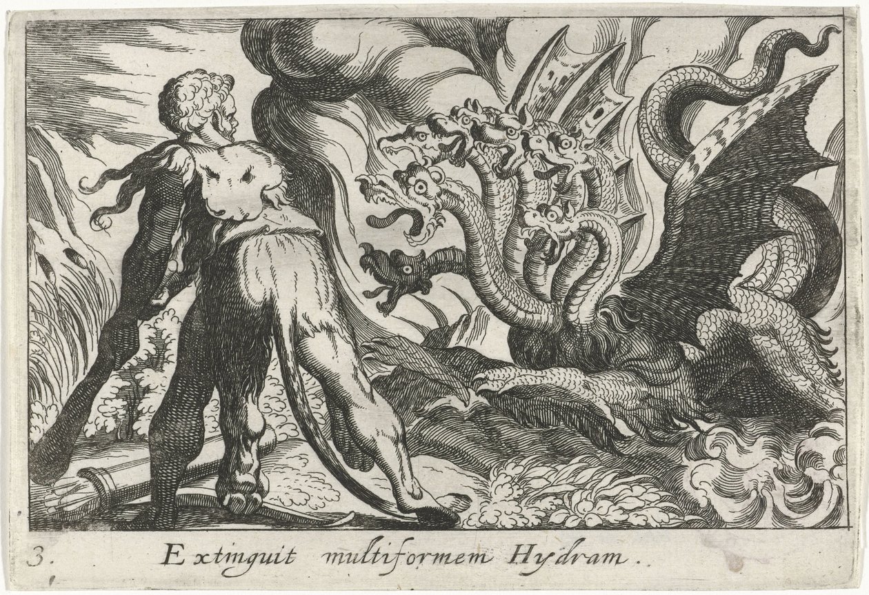 Hercules kämpar mot Lernas hydra Extinguit multiform Hydram (titel på objekt) Herculean Themes (serietitel) av Simon Frisius