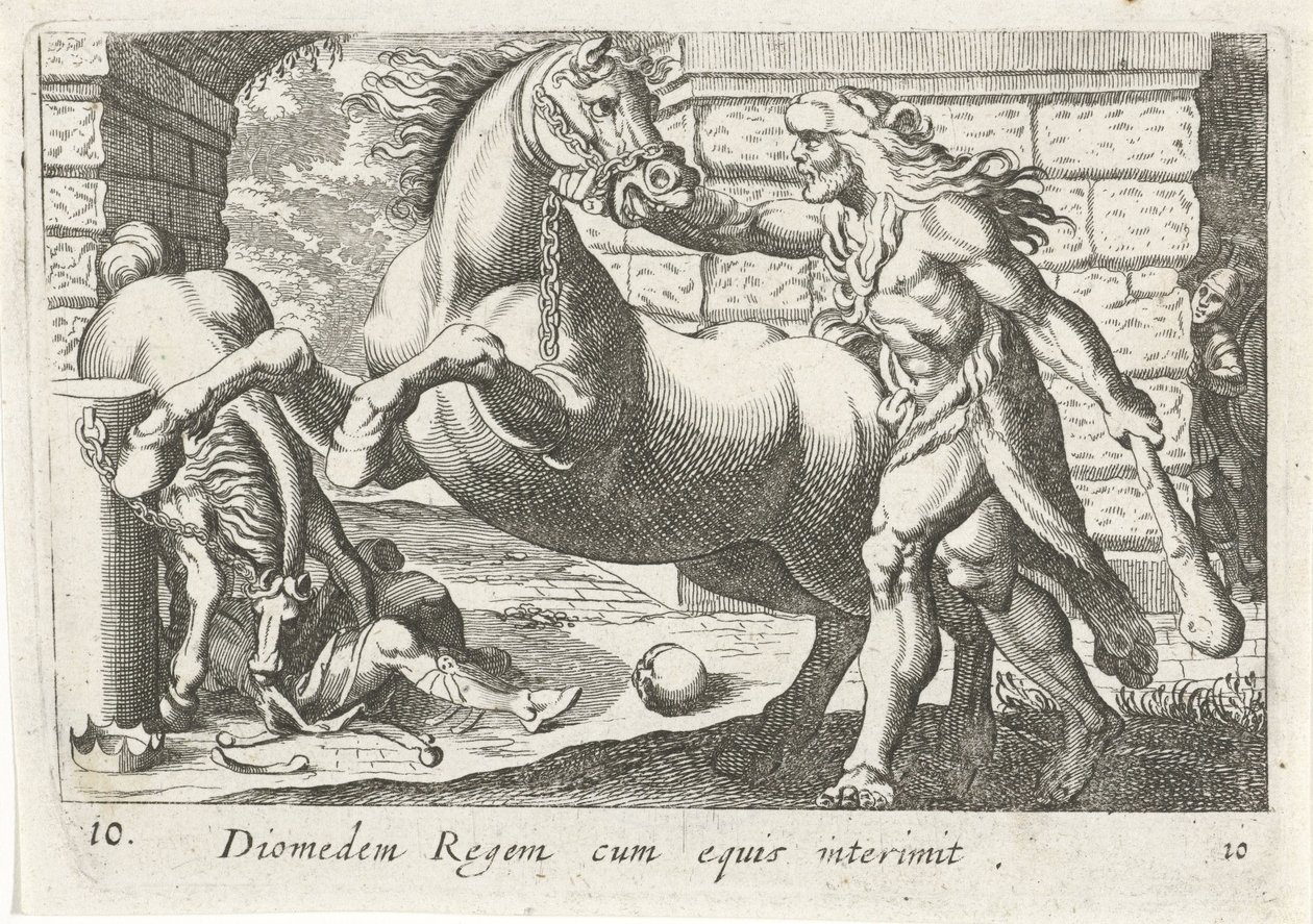 Hercules temt de paarden van Diomedes Diomedes the King med hästar (titel på objekt) Herculische teman (serietitel) av Simon Frisius