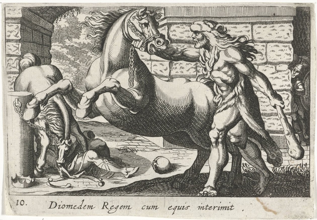 Hercules temt de paarden van Diomedes Diomedes the King med hästar (titel på objekt) Herculische teman (serietitel) av Simon Frisius