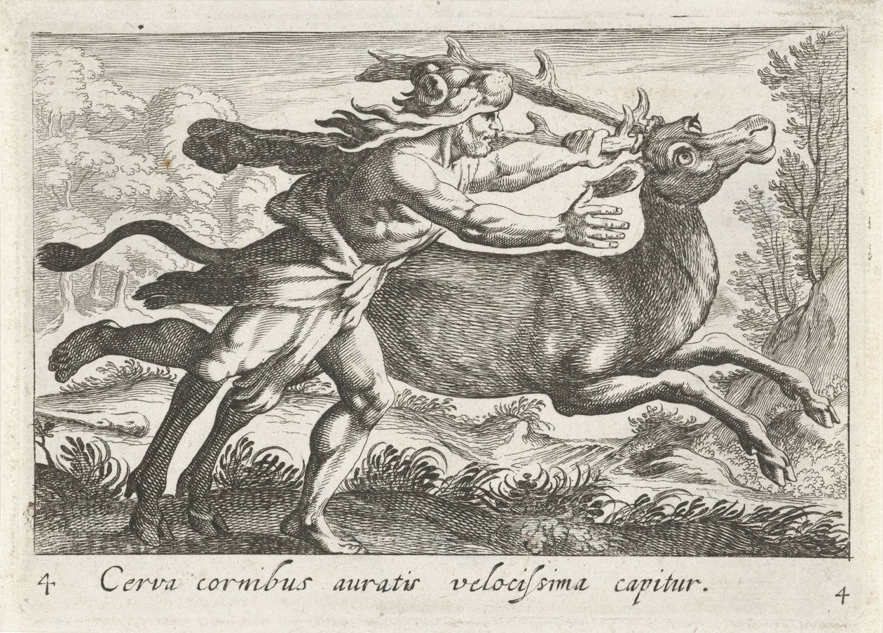 Hercules vangt de Hind van Cerynea Ett rådjur med guldhorn fångas mycket snabbt (titel på objekt) Herculische teman (serietitel) av Simon Frisius