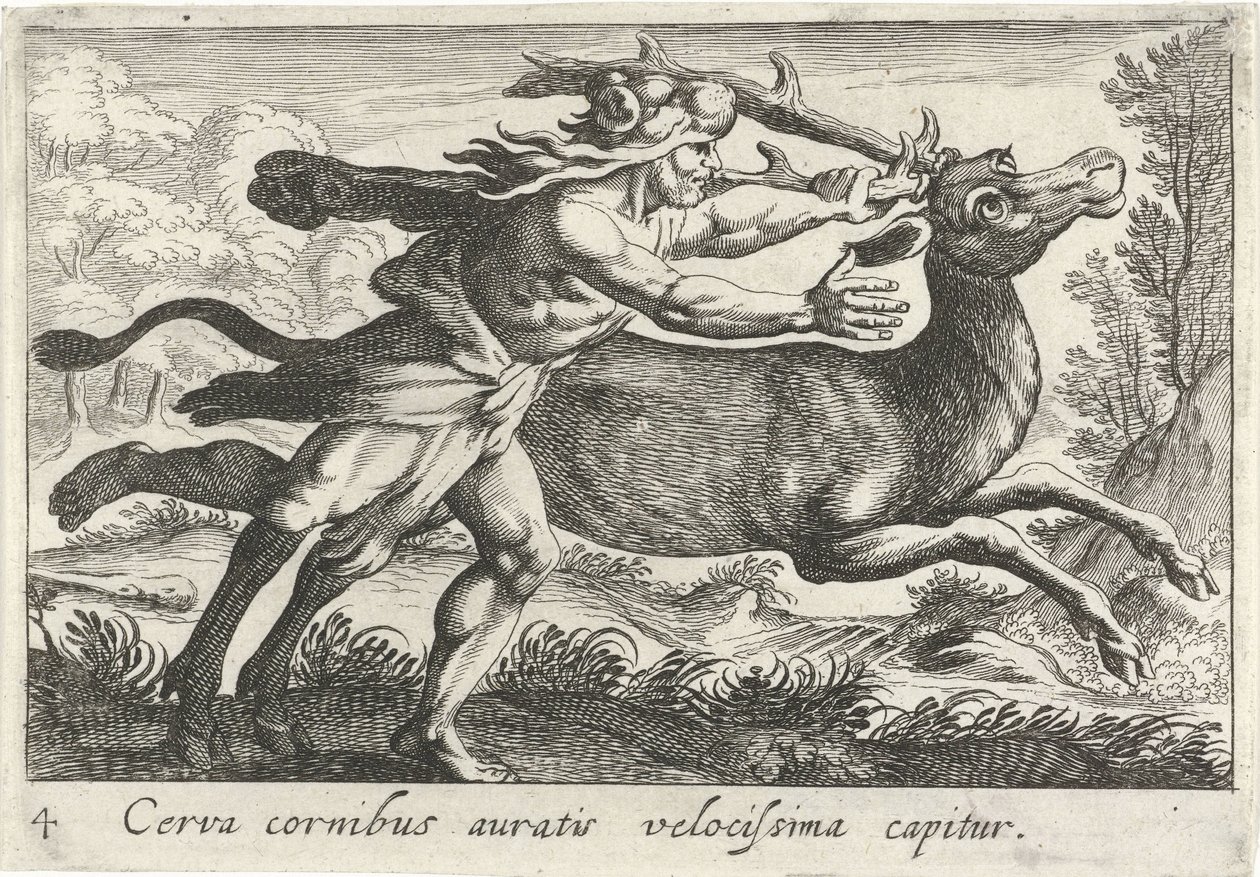Hercules vangt de Hind van Cerynea Ett rådjur med guldhorn fångas mycket snabbt (titel på objekt) Herculische teman (serietitel) av Simon Frisius