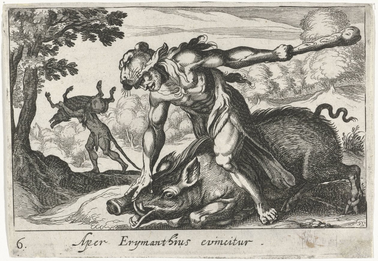 Hercules fångar Erymanthus svin Aper Erymanthius evincitur (titel på objekt) Herculean Themes (serietitel) av Simon Frisius