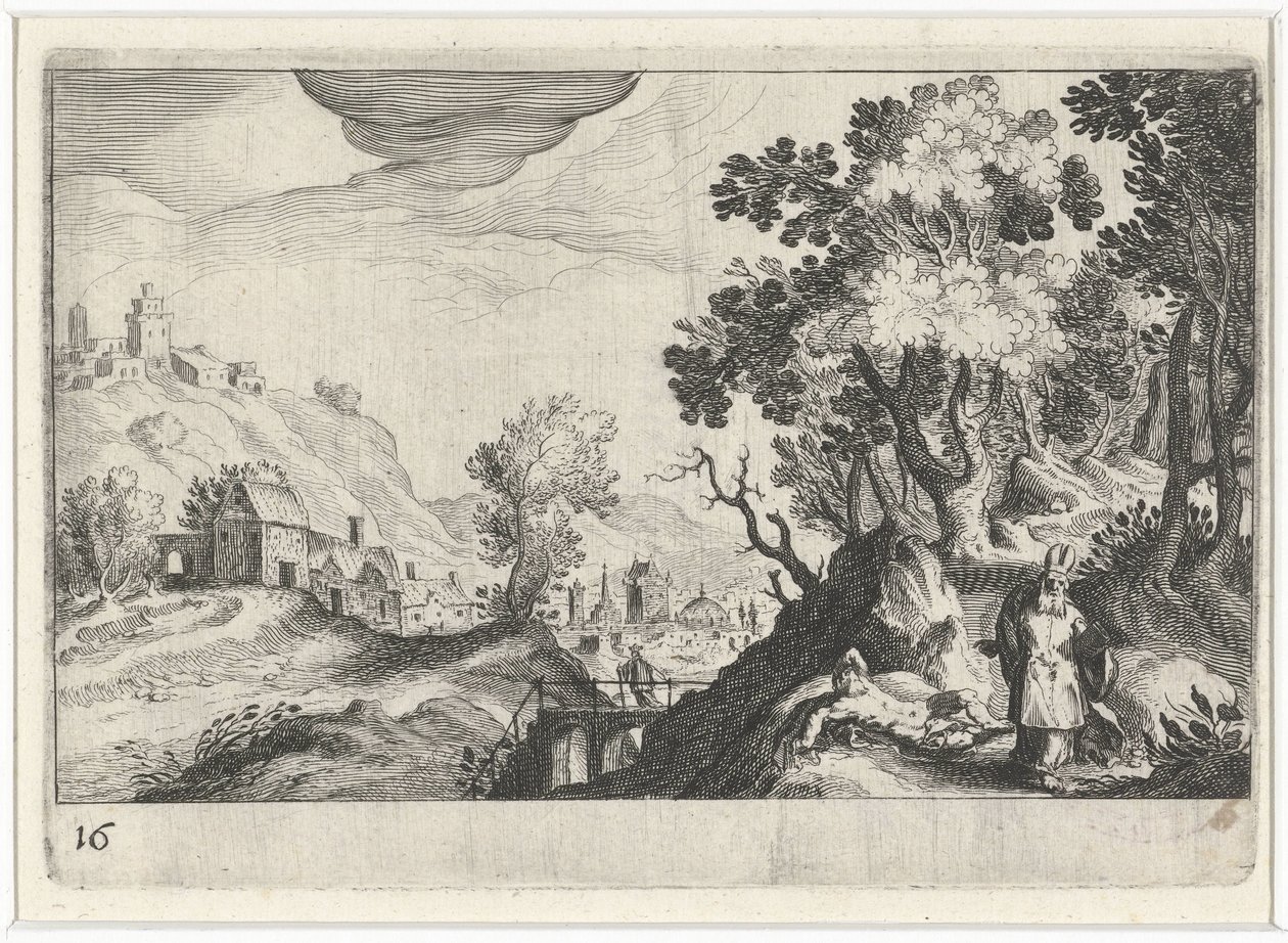 Kuperat landskap med den barmhärtige samariten Sydeuropeiska landskap (serietitel) Topographia variarum regionum (serietitel) av Simon Frisius