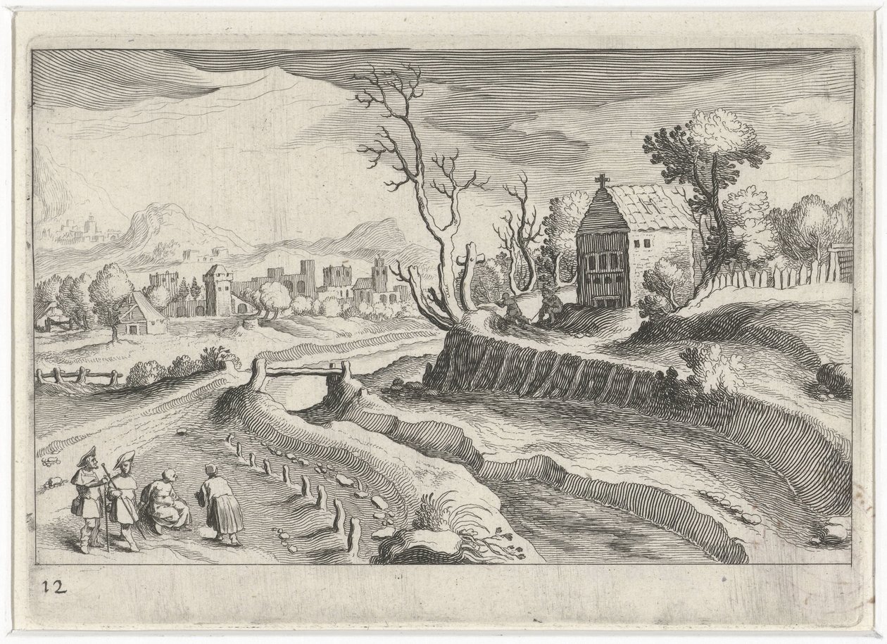 Kuperat landskap med kapell Sydeuropeiska landskap (serietitel) Topographia variarum regionum (serietitel) av Simon Frisius