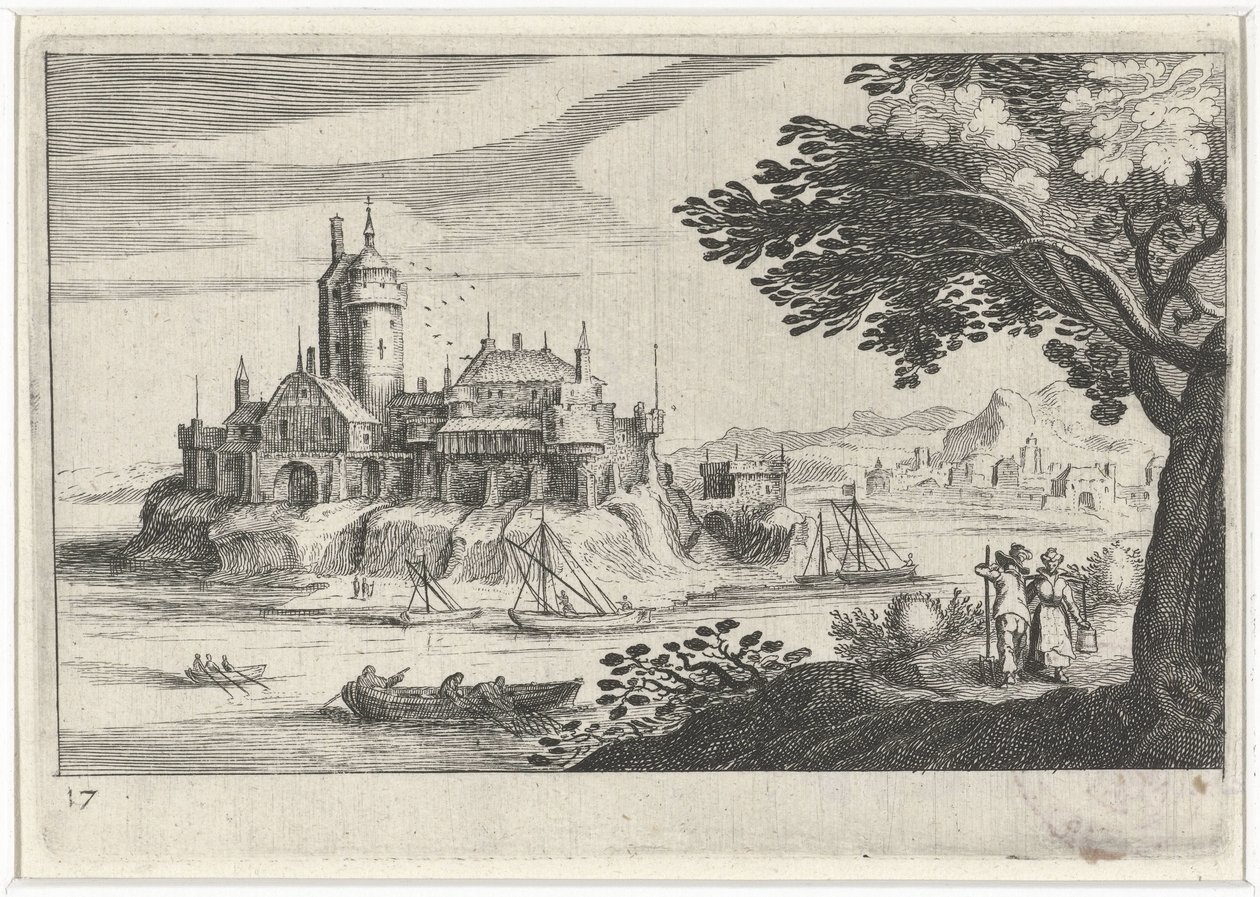 Kuperat landskap med ett slott på en ö Sydeuropeiska landskap (serietitel) Topographia variarum regionum (serietitel) av Simon Frisius