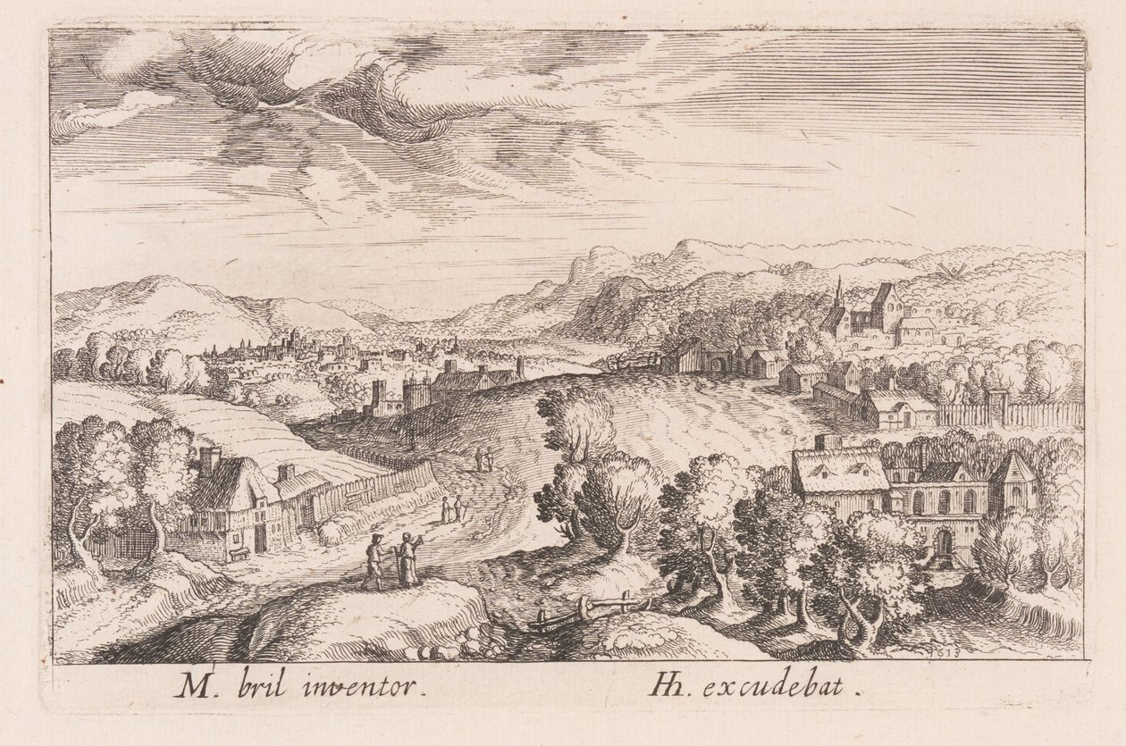 Kuperat landskap med tre par, från Topographia Variarum Regionum av Simon Frisius