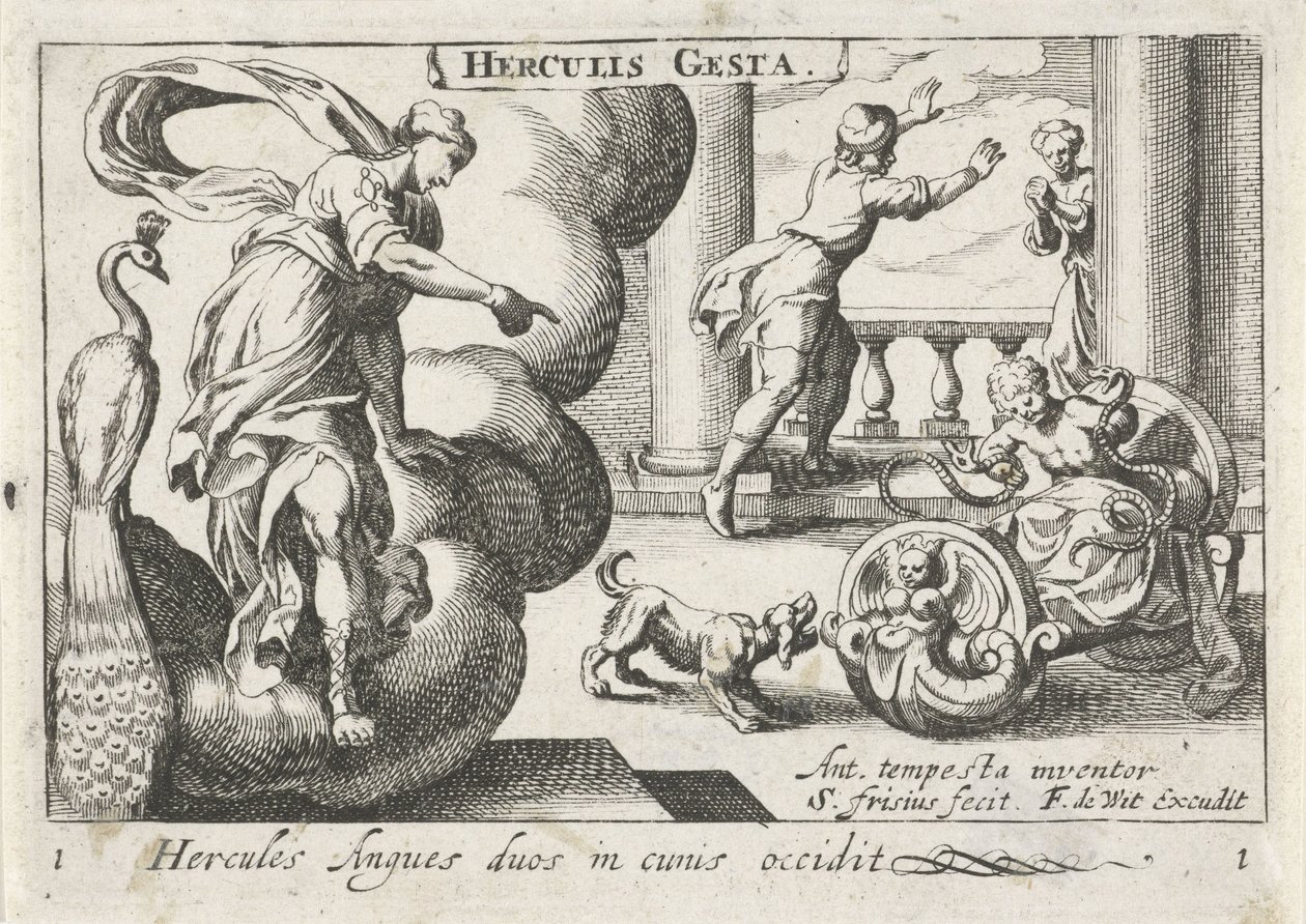 Jonge Hercules wurgt twee slangen Hercules dödar två ormar i sina vaggor (titel på objekt) Herculische teman (serietitel) Hercules (serietitel på objekt) av Simon Frisius
