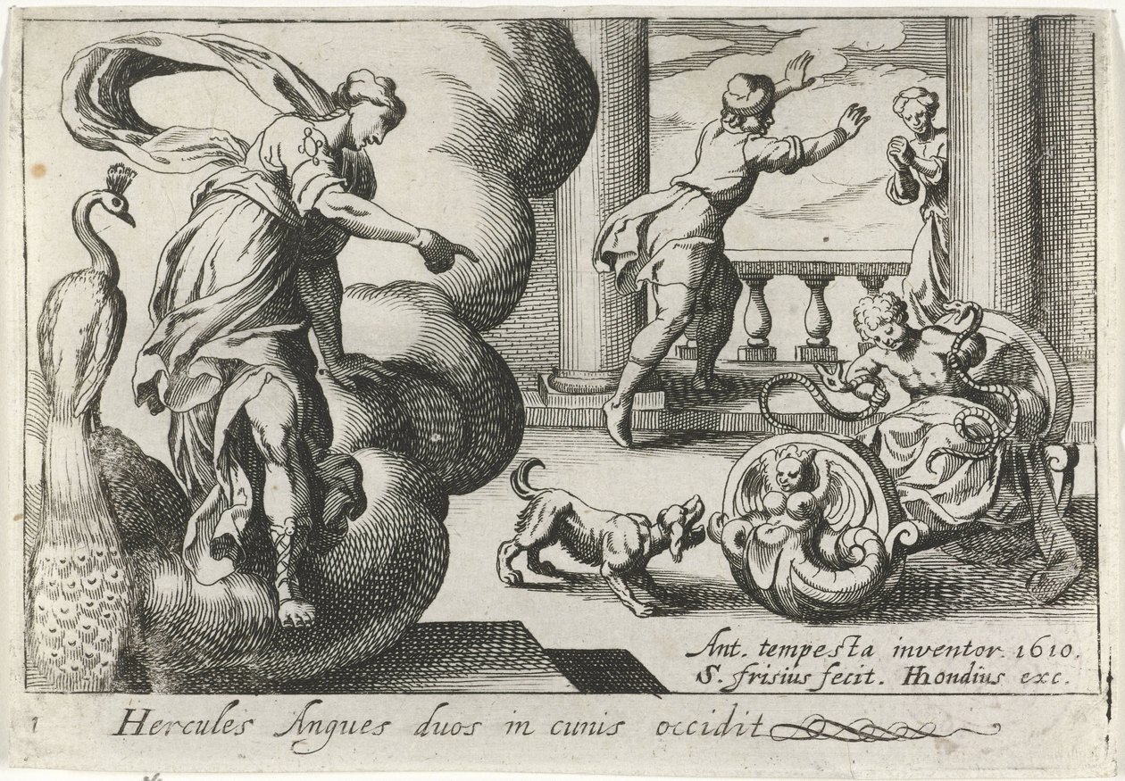 Jonge Hercules wurgt twee slangen Hercules dödar två ormar i sina vaggor (titel på objekt) Herculische teman (serietitel) av Simon Frisius