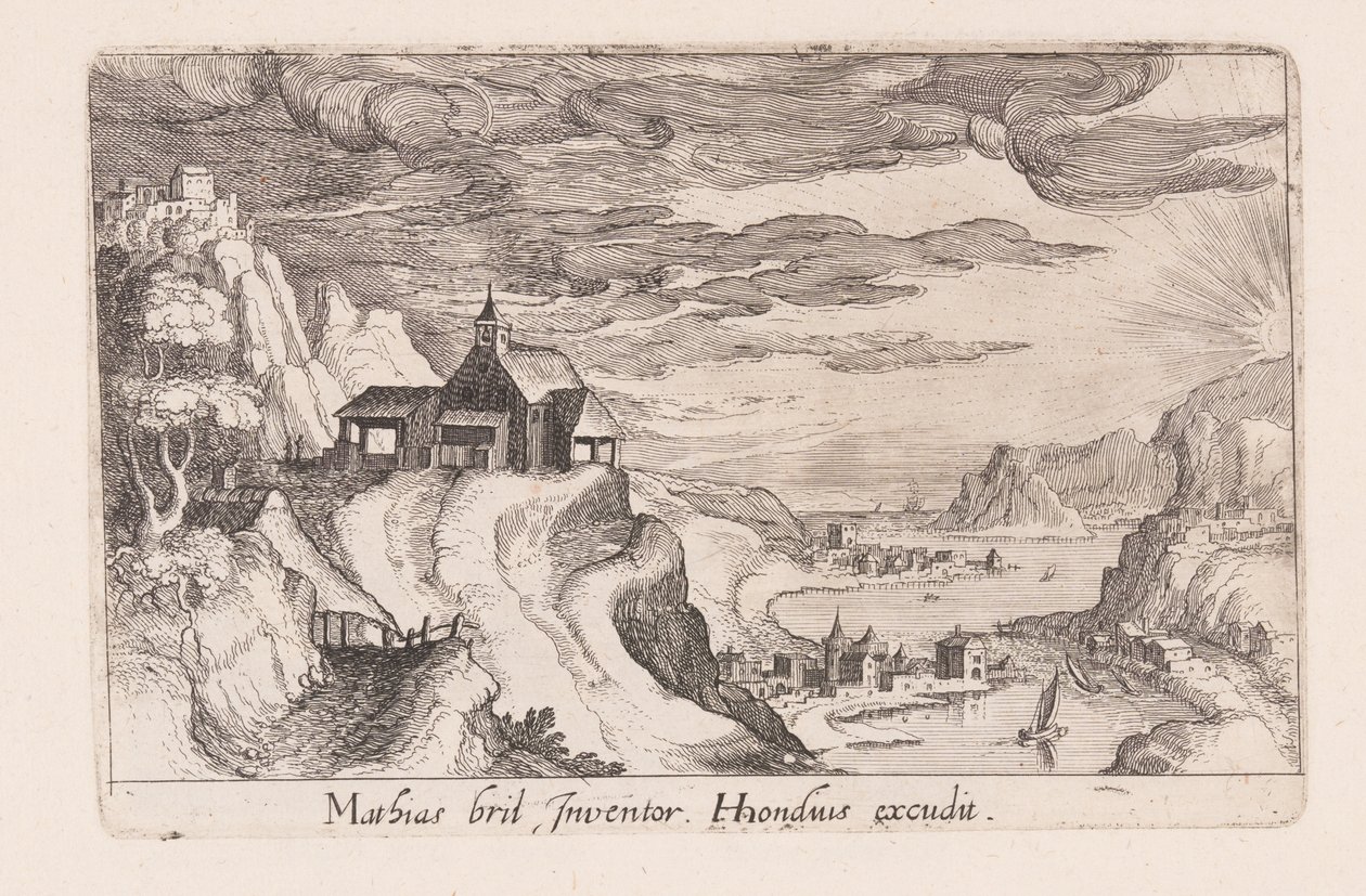 Landskap med en floddal och en kyrka på en kulle, från Topographia Variarum Regionum av Simon Frisius