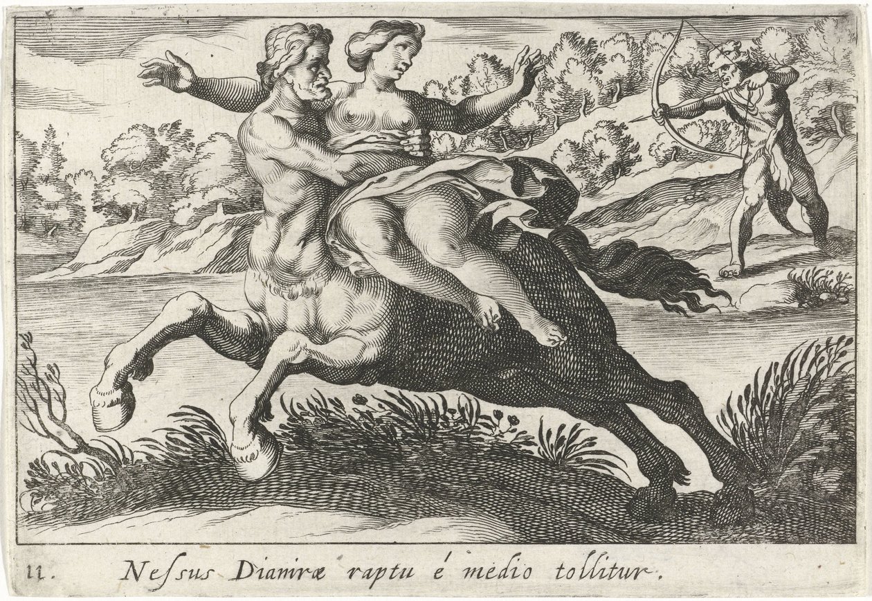 Nessus försöker skaka Deïanira te Dianiras bindning tas bort från mitten (titel på objekt) Herculische teman (serietitel) av Simon Frisius