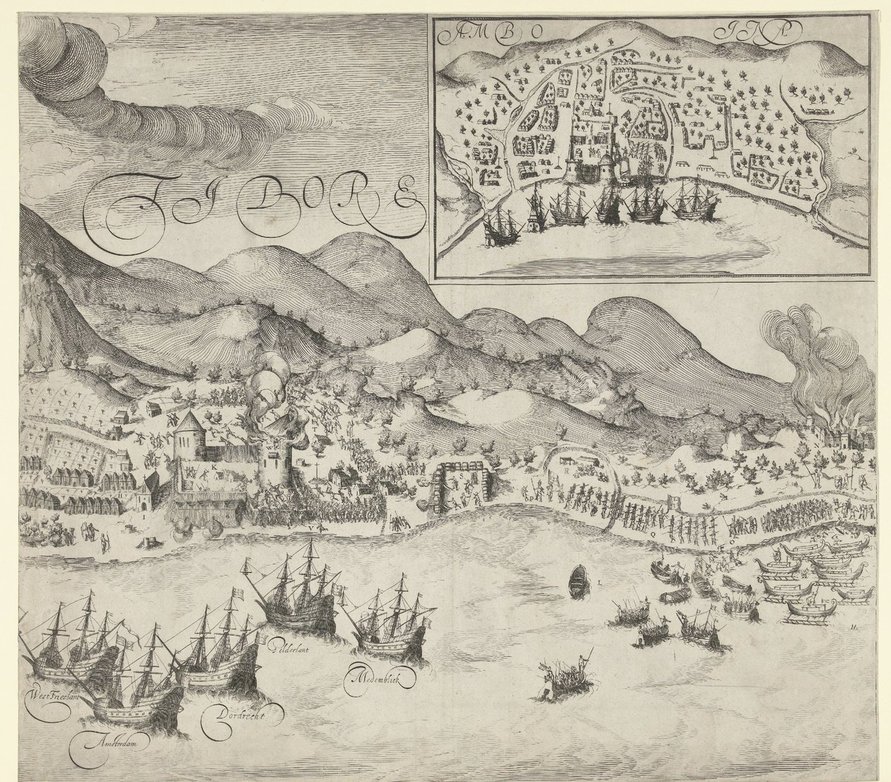 Holländarnas seger över portugiserna vid Tidore (högra bilden), 1605 av Simon Frisius