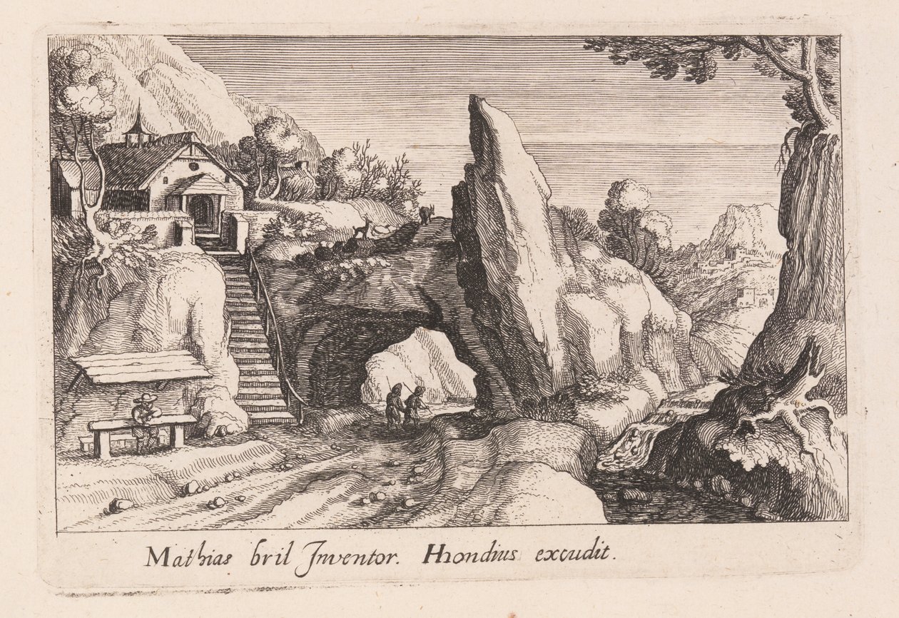 Par av figurer som går under en klippbro, från Topographia Variarum Regionum av Simon Frisius