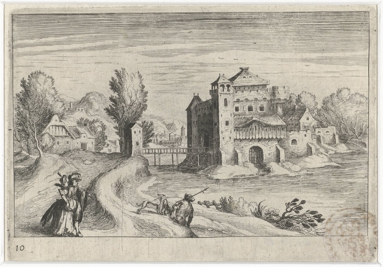 Flodlandskap med ett slott Sydeuropeiska landskap (serietitel) Topographia variarum regionum (serietitel) av Simon Frisius