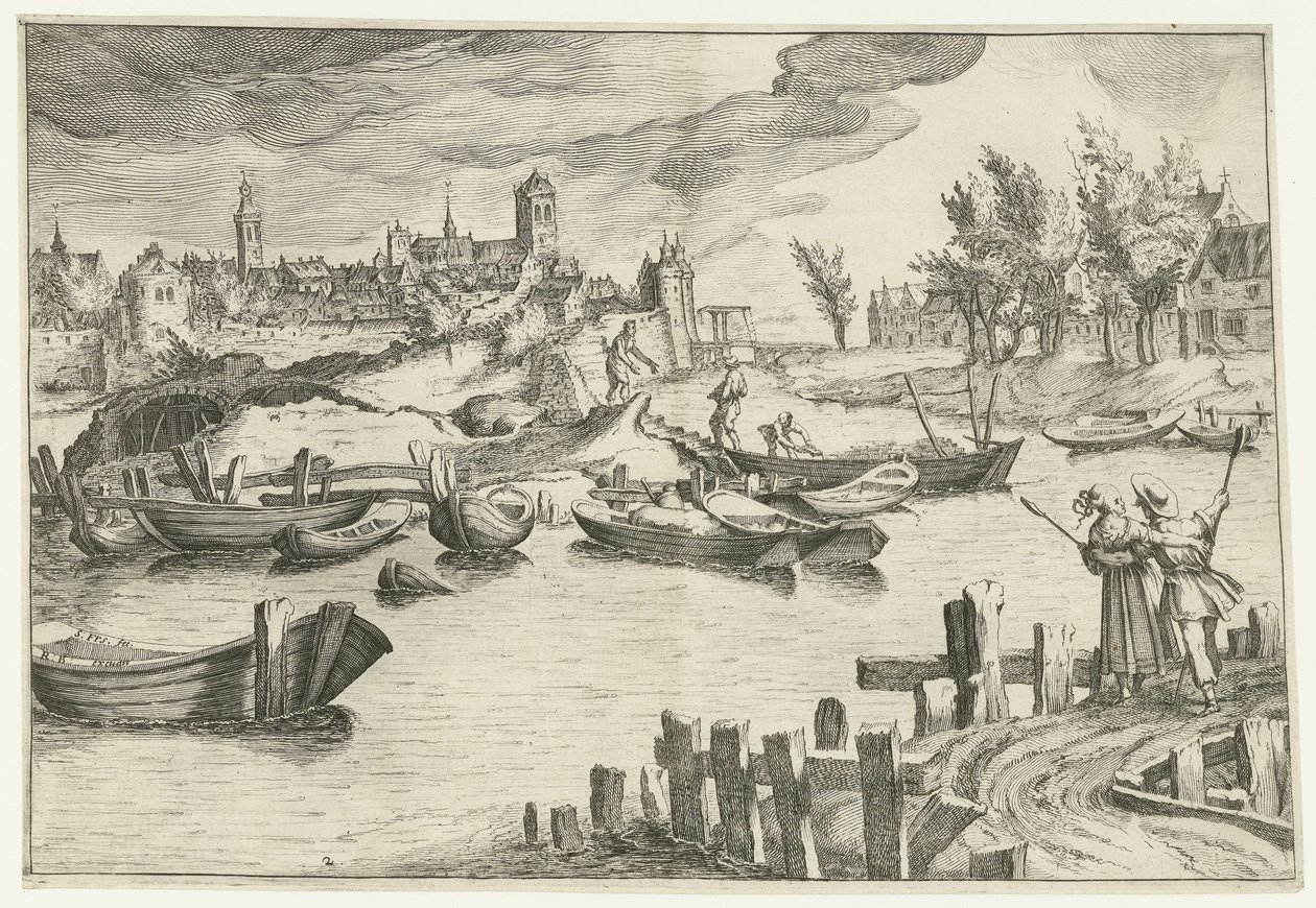 Flodlandskap med en stad i bakgrunden Landskap med figurer (serietitel) av Simon Frisius