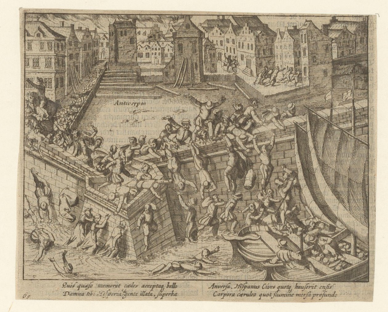 Den spanska furien: invånarna flyr ut i Schelde, 1576 av Simon Frisius