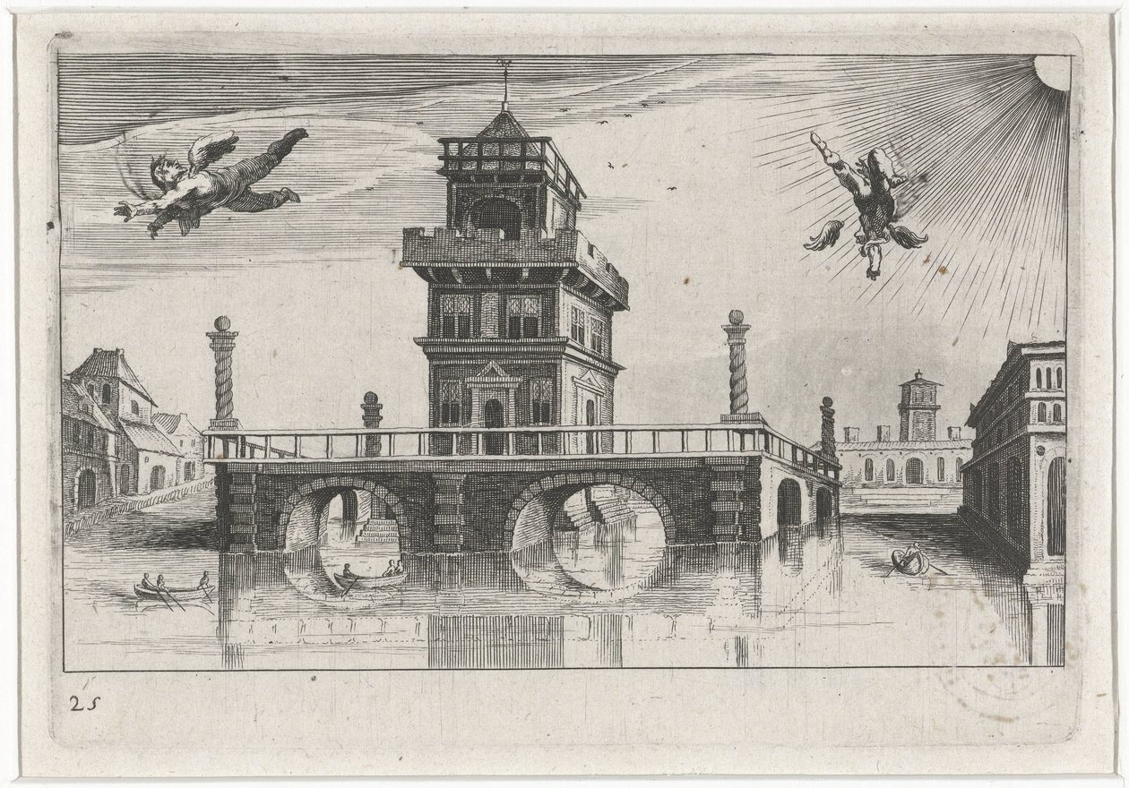 Stadsbild med Ikaros och Daedalus Sydeuropeiska landskap (serietitel) Topographia variarum regionum (serietitel) av Simon Frisius
