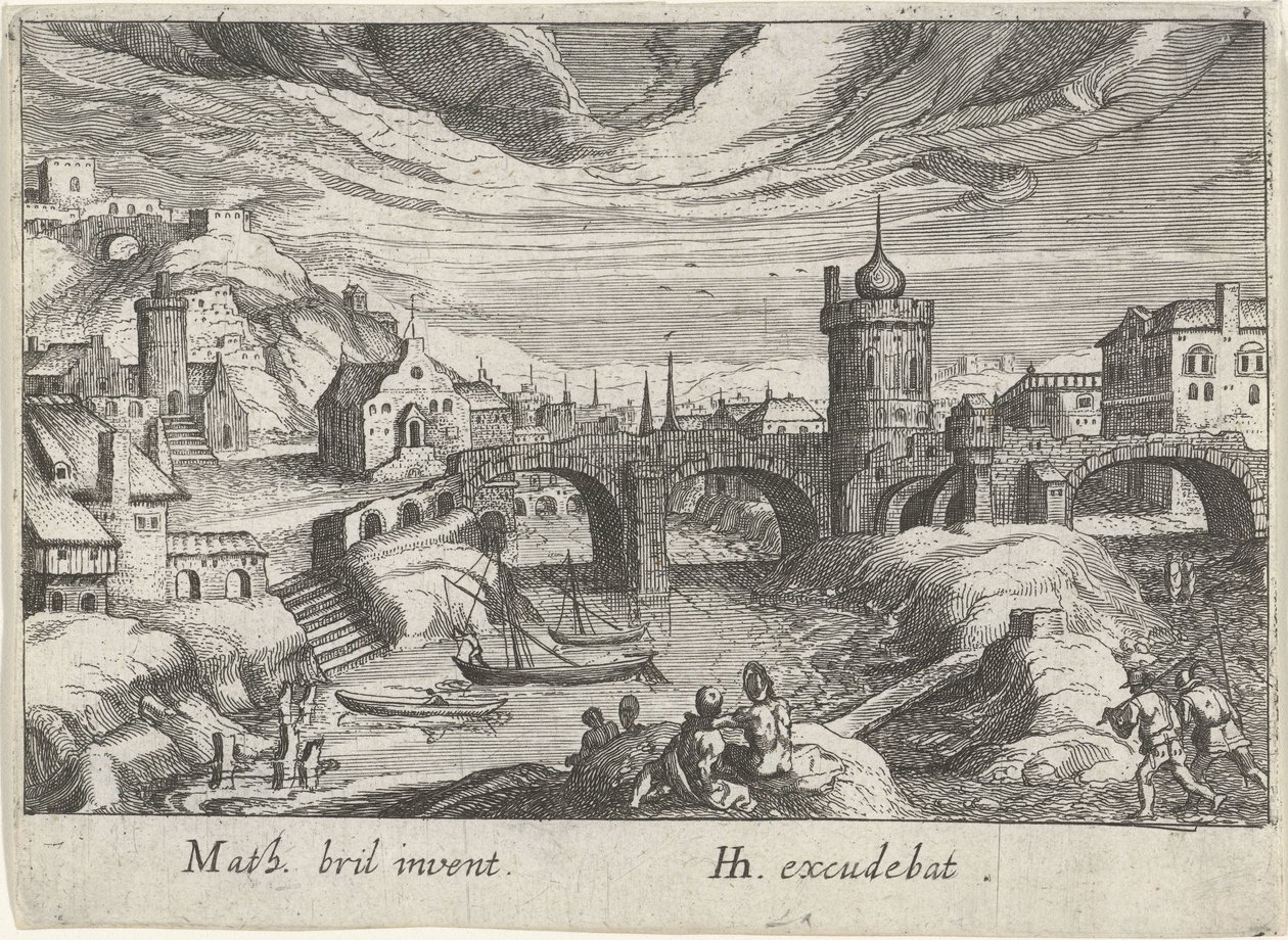 Stadsbild med en flod Olika landskap (serietitel) Topographia variarum regionum (serietitel) av Simon Frisius