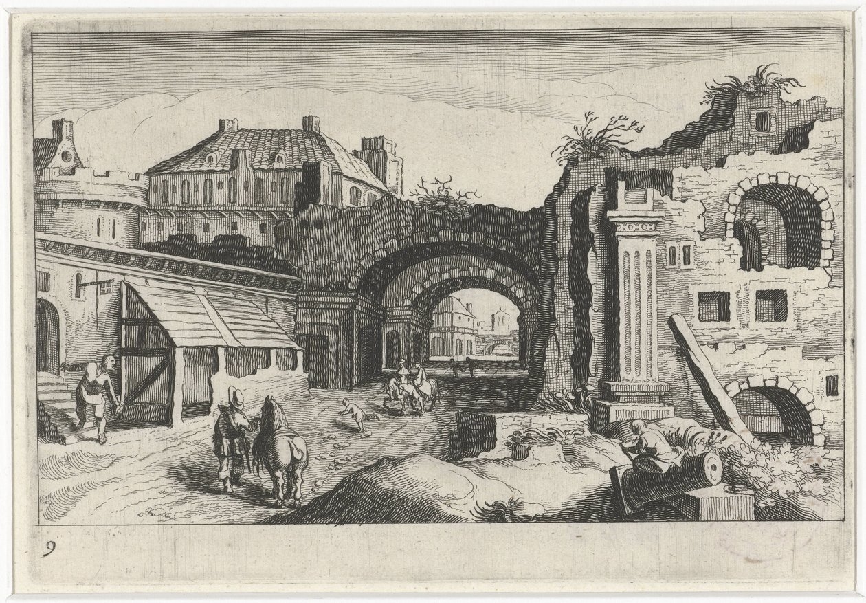 Stadsbild med en ruin Sydeuropeiska landskap (serietitel) Topographia variarum regionum (serietitel) av Simon Frisius