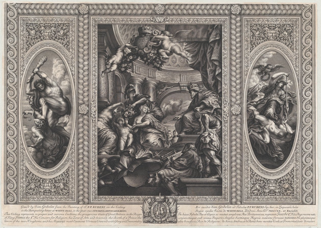 En allegorisk scen som visar fördelarna med James regeringstid i centrum, Wise Government tramp..., 1720. av Simon Gribelin