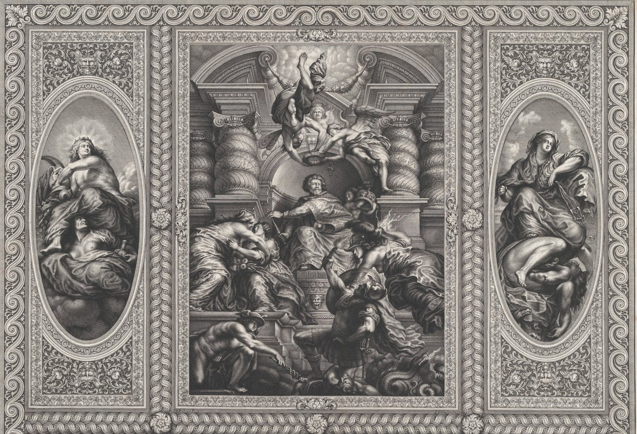 James I utnämnde Karl till kung av Skottland i centrum, Minerva spetsade okunnighet vid ri..., 1720. av Simon Gribelin