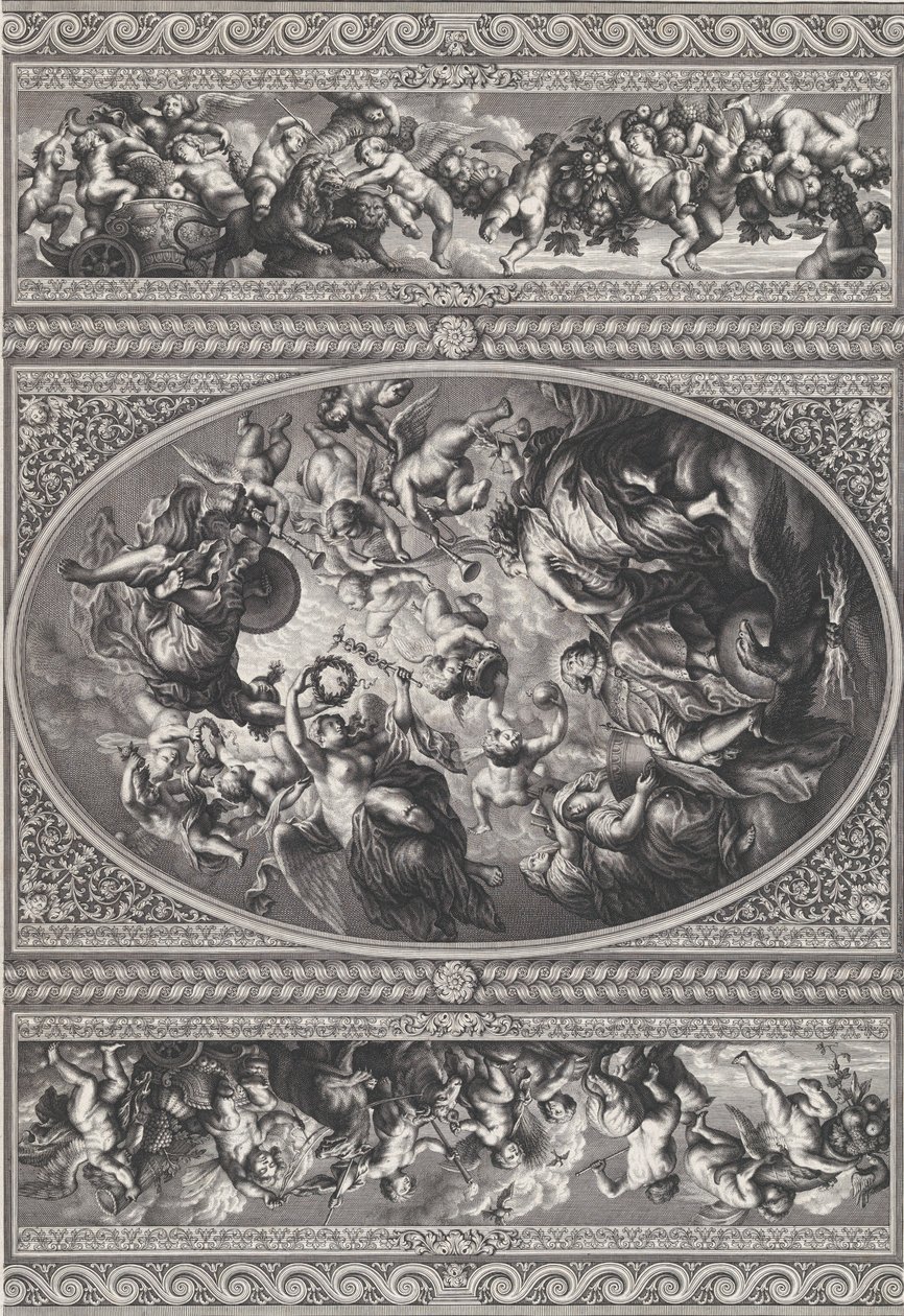 James I:s apoteos i en oval i mitten, friser med putti och girlander på antingen ..., 1720. av Simon Gribelin