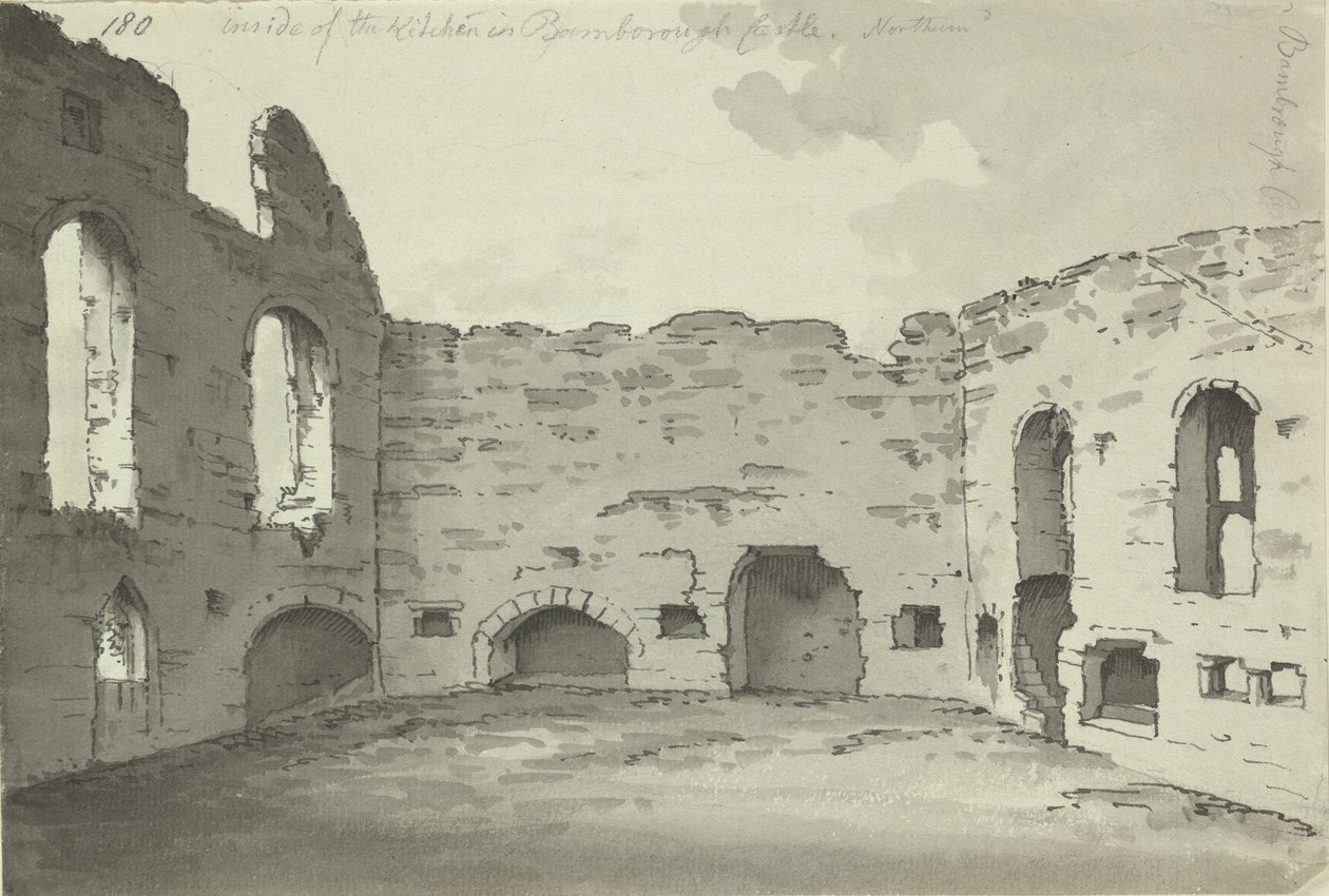 Bamburgh Castle, köksruiner, Lägg till. 15542, f.180, c.1780 (penna- och bläcktvätt på papper) av Simon H. Grimm
