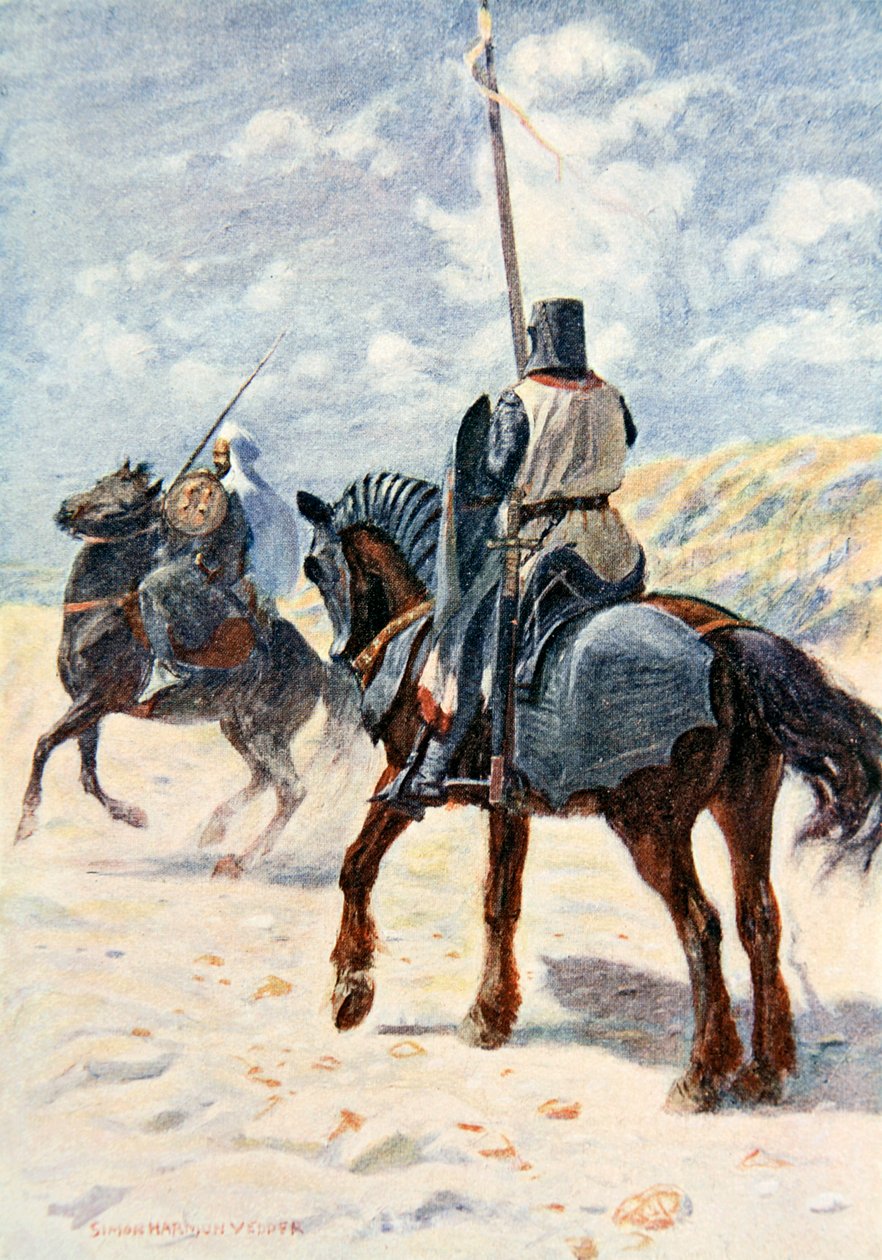 En saracen närmar sig en korsfararriddare, illustration till "The Talisman: A Tale of the Crusaders" av Sir Walter Scott av Simon Harmon Vedder