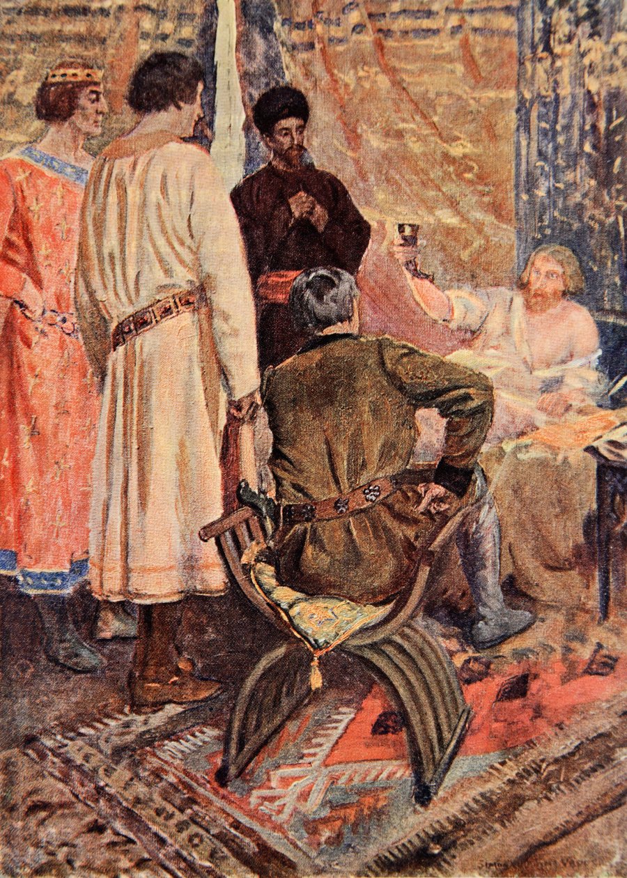 Richard Lejonhjärta reste sig upp i sin säng och tog en kopp i handen och illustrerade "Talismanen": A Tale of the Crusaders" av Sir Walter Scott. av Simon Harmon Vedder