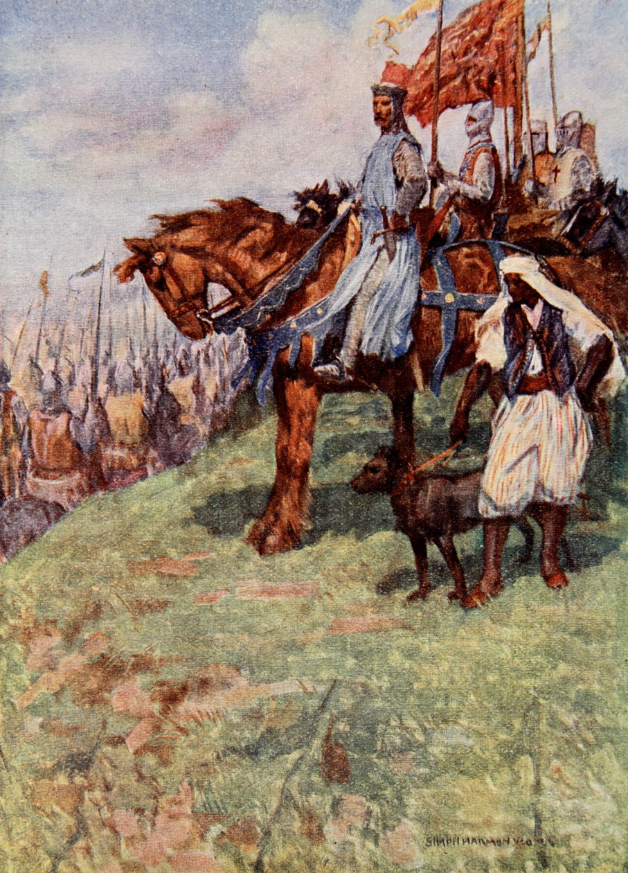 Lejonhjärta sittande till häst, vid hans sida står den nubiske slaven med en hund i koppel, illustration från "The Talisman: A Tale of the Crusaders" av Sir Walter Scott (färglitografi) av Simon Harmon Vedder