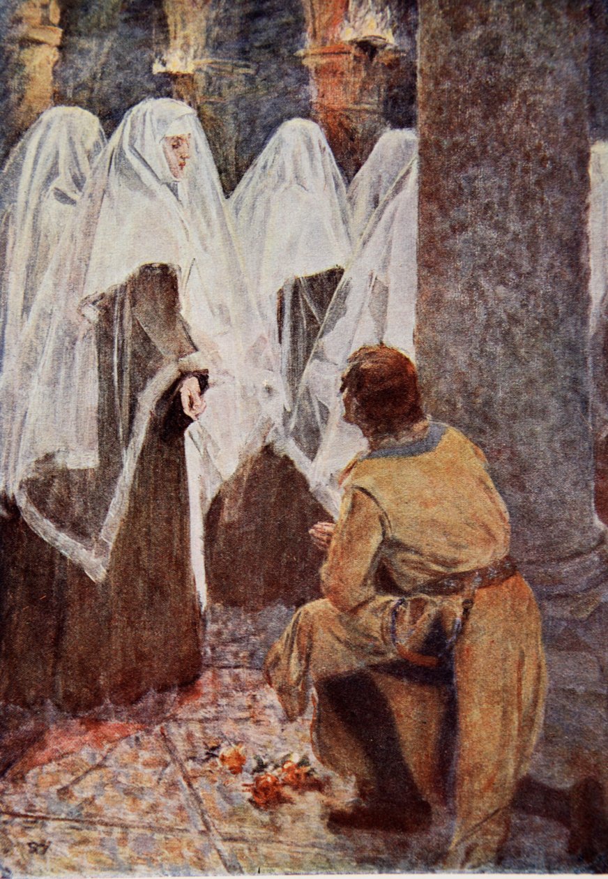 Den skotske riddaren på ett knä tittade på när de beslöjade nunnorna gick förbi, illustration till 