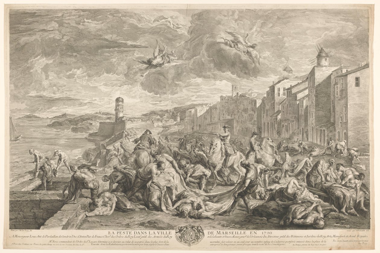 Böldpestoffer dödas i La Tourette, Marseille La Peste dans la ville de Marseille en 1720 (titel på objekt) av Simon Henri Thomassin