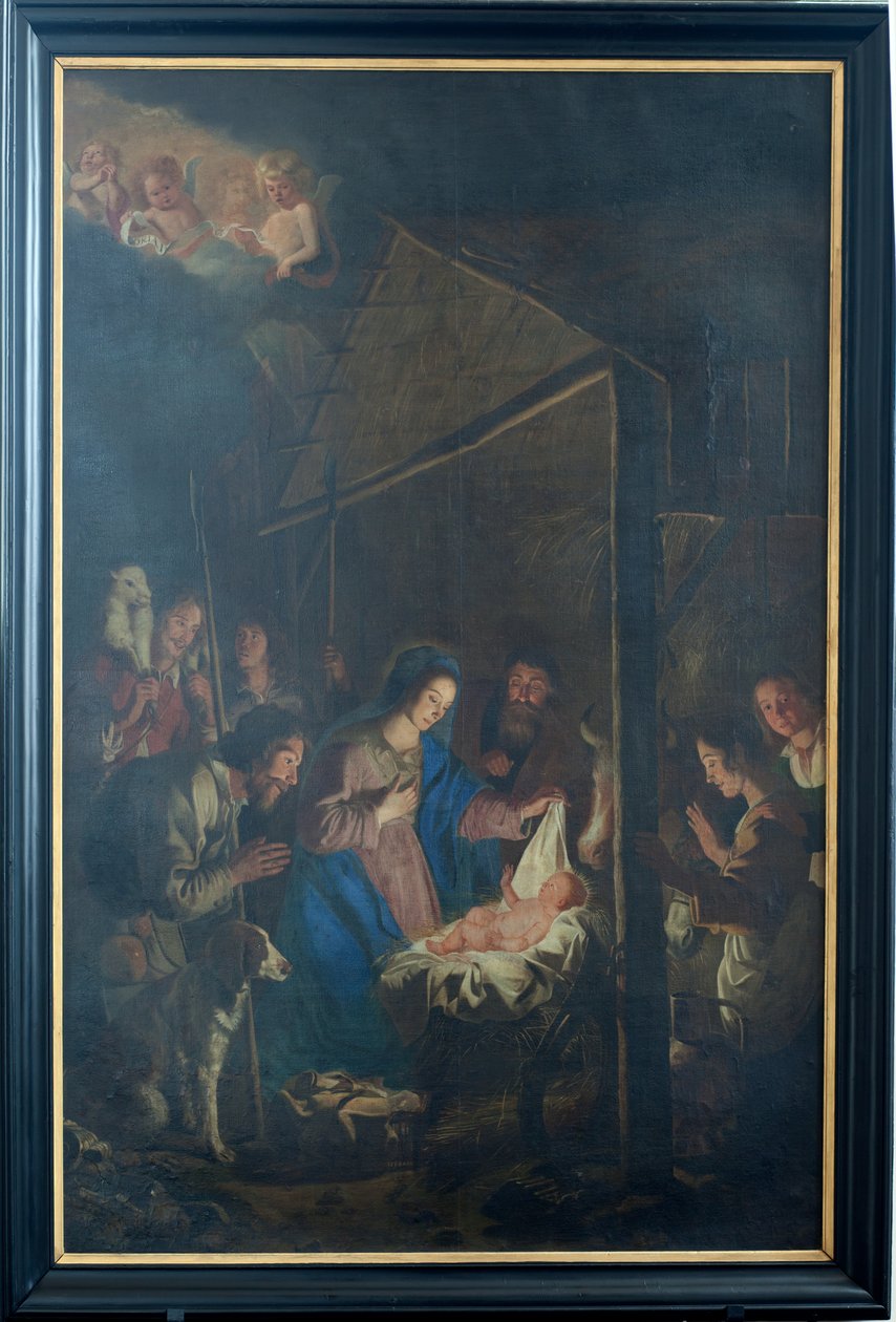 Sockenkyrka (Vår Fru av Himmelsfärdskyrkan). Interiör. målning. Julscen. Simon DePaepe. Ursprung kloster Ename (?). av Simon II de Pape
