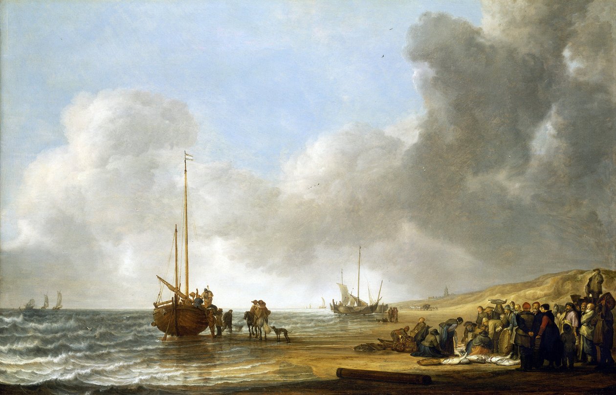 Scen på stranden Scheveningen (Haag, Nederländerna), havet till vänster och sanddyner till höger, i mitten en fiskebåt på sin köl och en grupp fiskare av Simon Jacobsz. Vlieger
