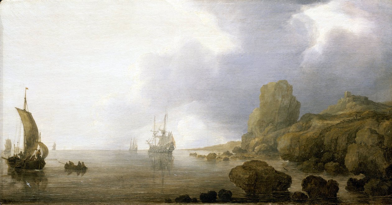 Båtar i det grunda vattnet i en klippig vik, en romantisk och idealiserad vision. Olja på trä, av Simon de Vlieger (1600-1653). av Simon Jacobsz. Vlieger
