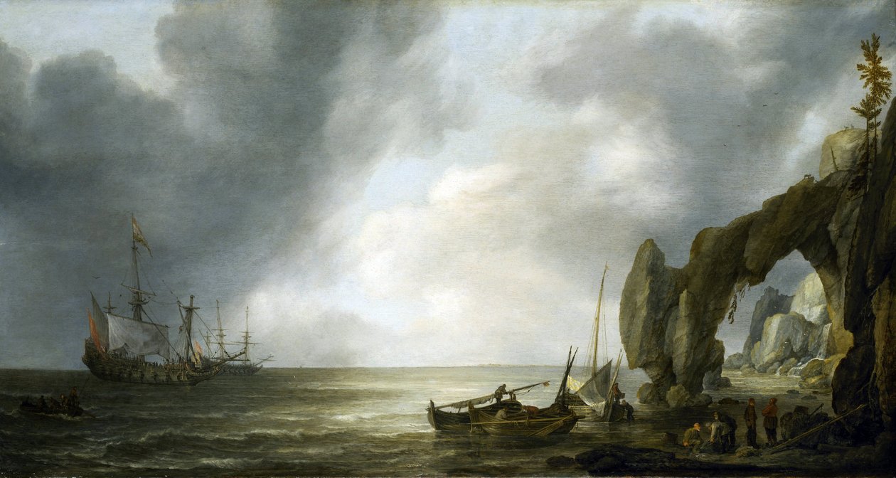 Holländska krigsfartyg ankrar utanför en klippig kust, några besättningsmän landar på stranden, samlade runt fiskekorgar av Simon Jacobsz. Vlieger