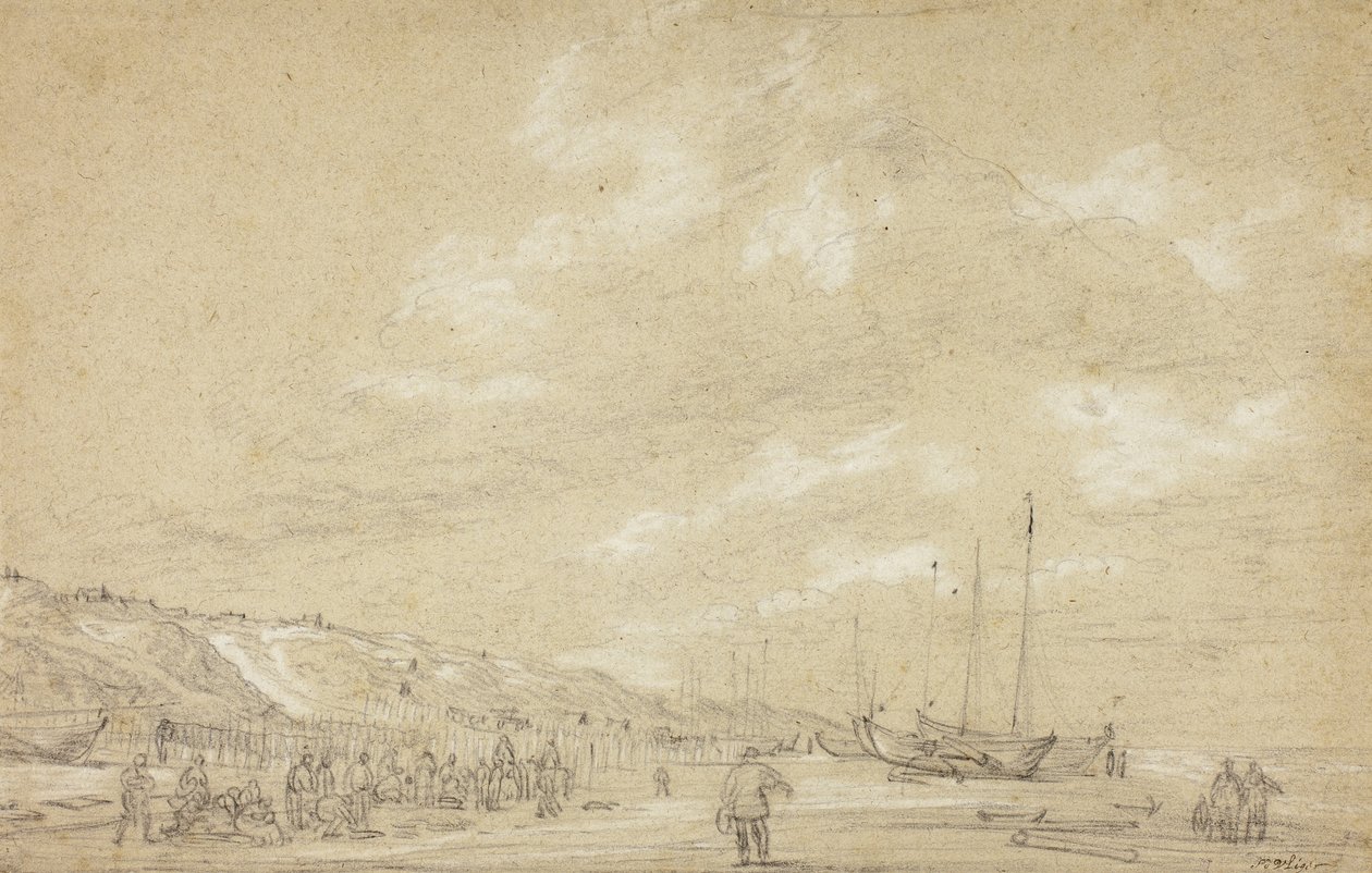 Fiskare som torkar nät på Scheveningen Beach av Simon Jacobsz. Vlieger