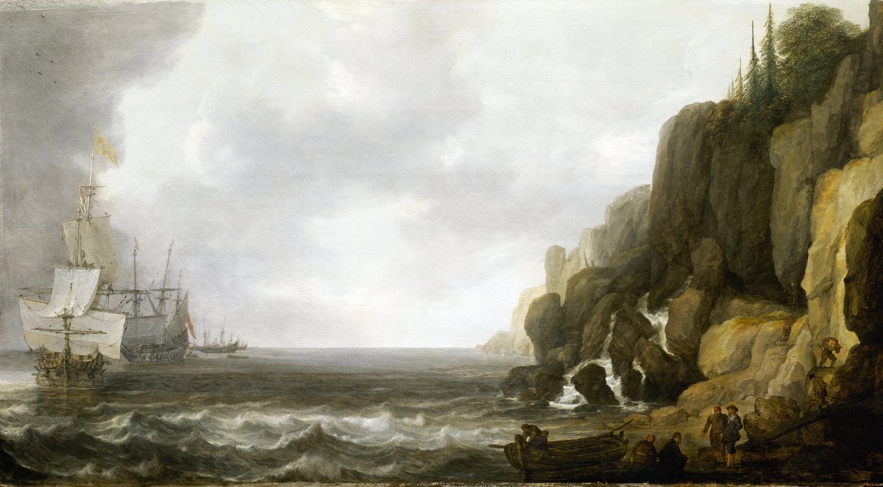 Flera sjömän är grupperade på stranden och förser en eskader av nederländska krigsfartyg som ligger för ankar utanför en klippig kust av Simon Jacobsz. Vlieger