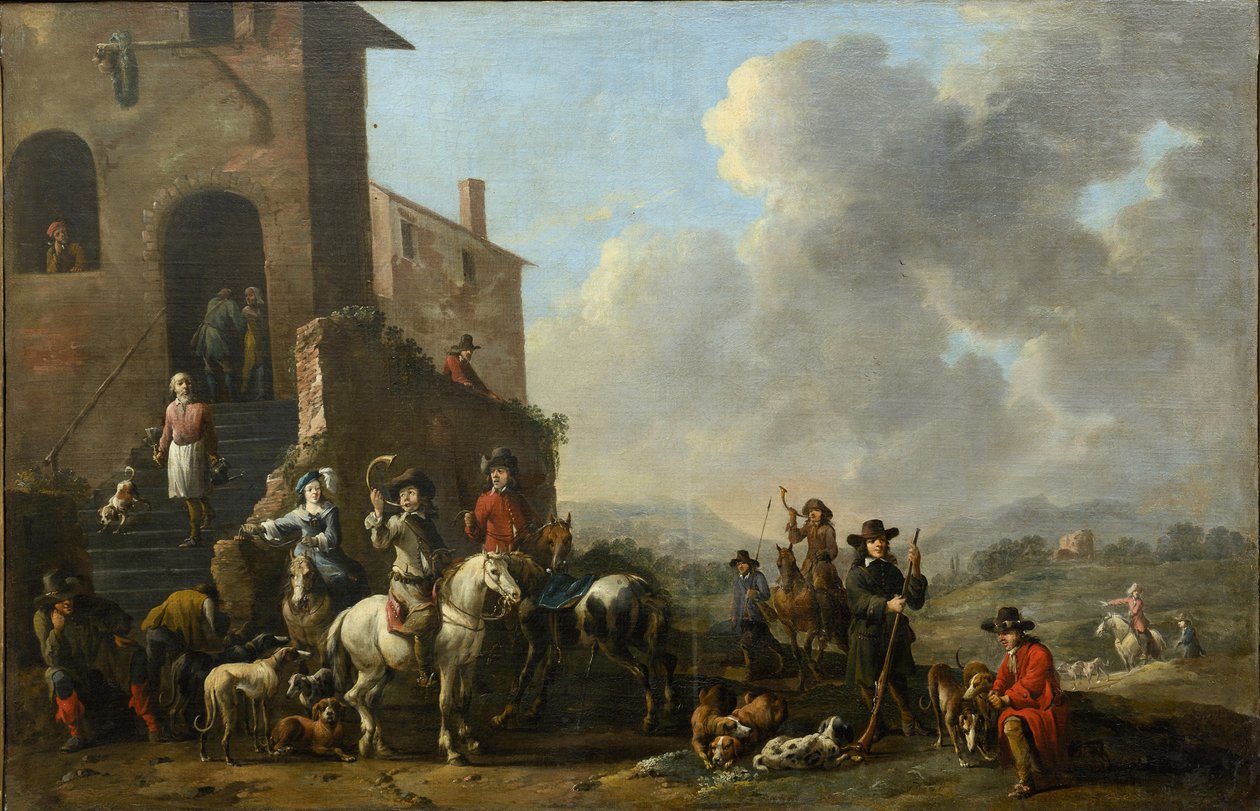Förbereder för jakten av Douw, Simon Johannes van (ca 1630-efter 1677) av Simon Johannes van Douw