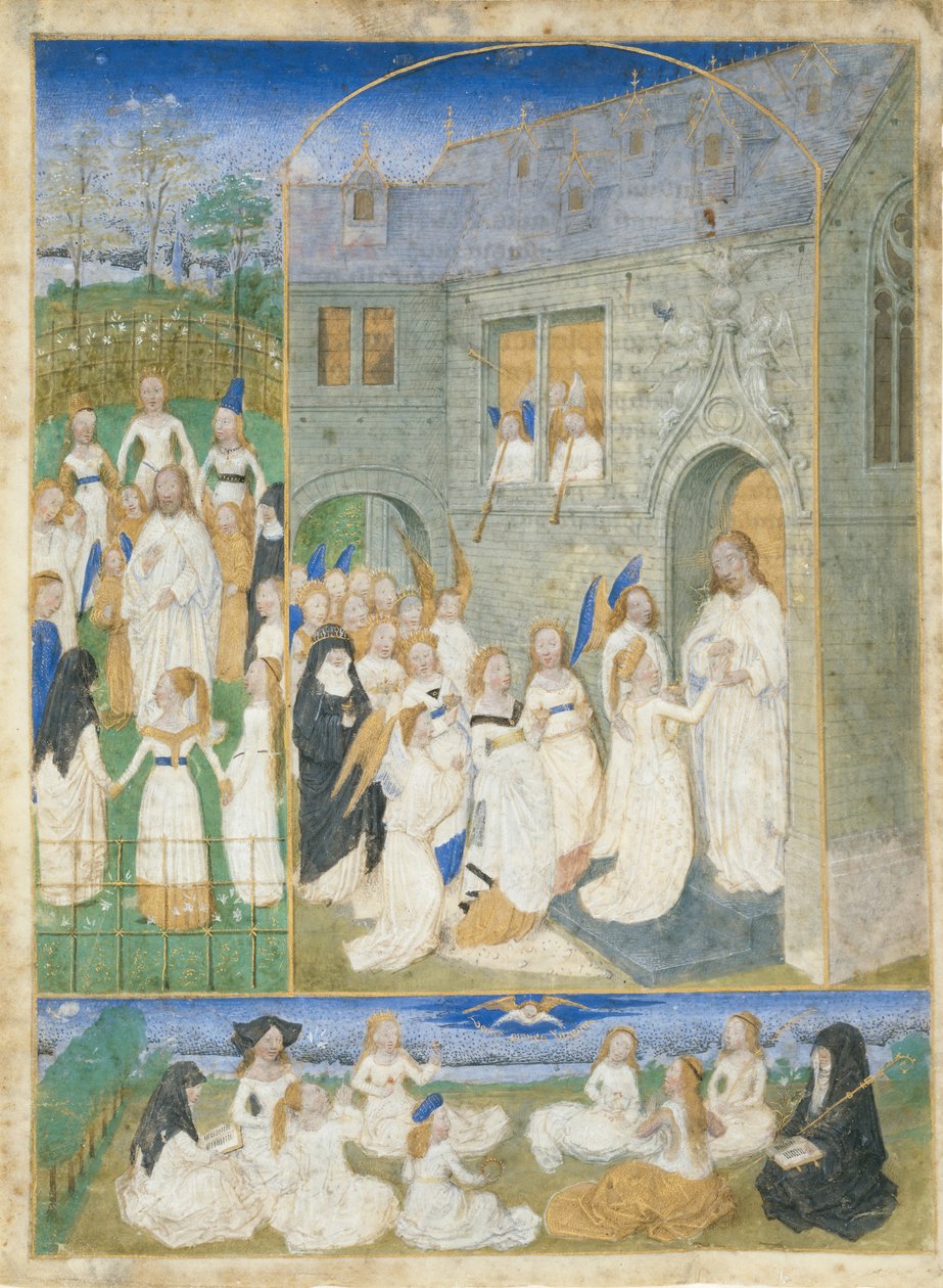 De heliga jungfrurna hälsade av Kristus när de går in i paradisets portar, ca. 1467-70. av Simon Marmion