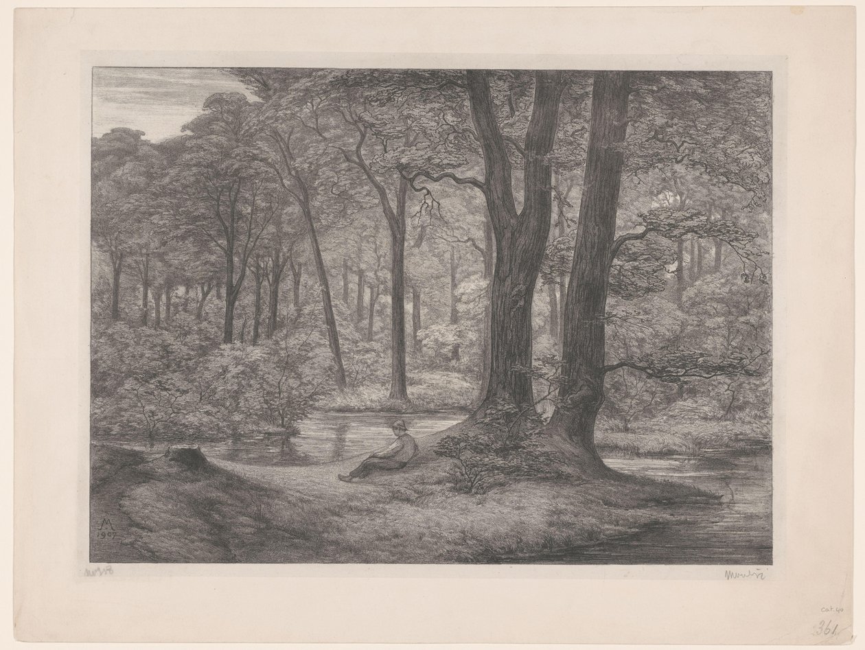Skog med damm och liggande man Teutoburgerskogen (skogsvy) (originaltitel) av Simon Moulijn (signed by artist)